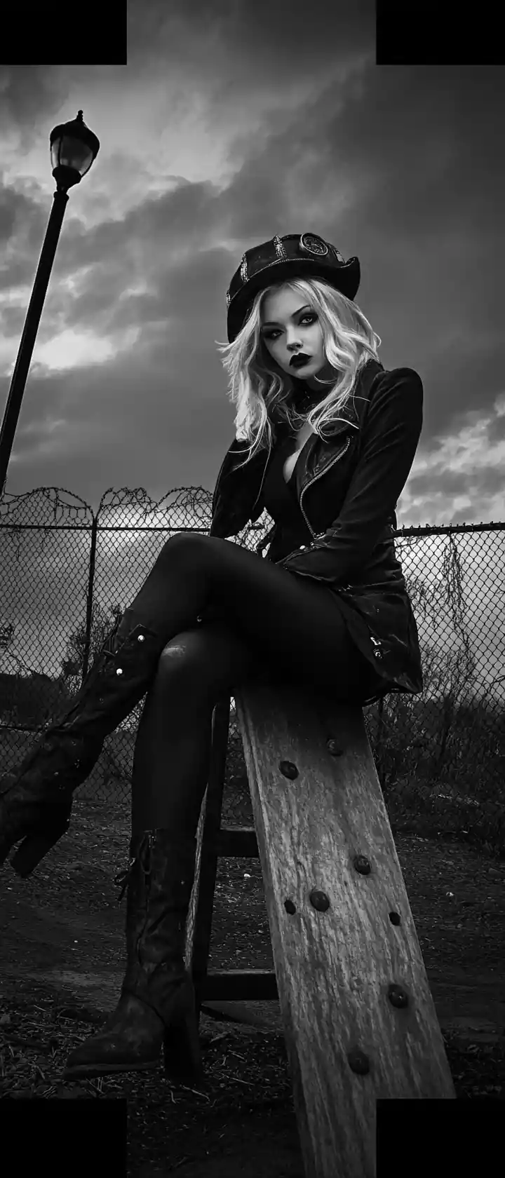 Steampunk woman on a playground seesaw under a lonely streetlight