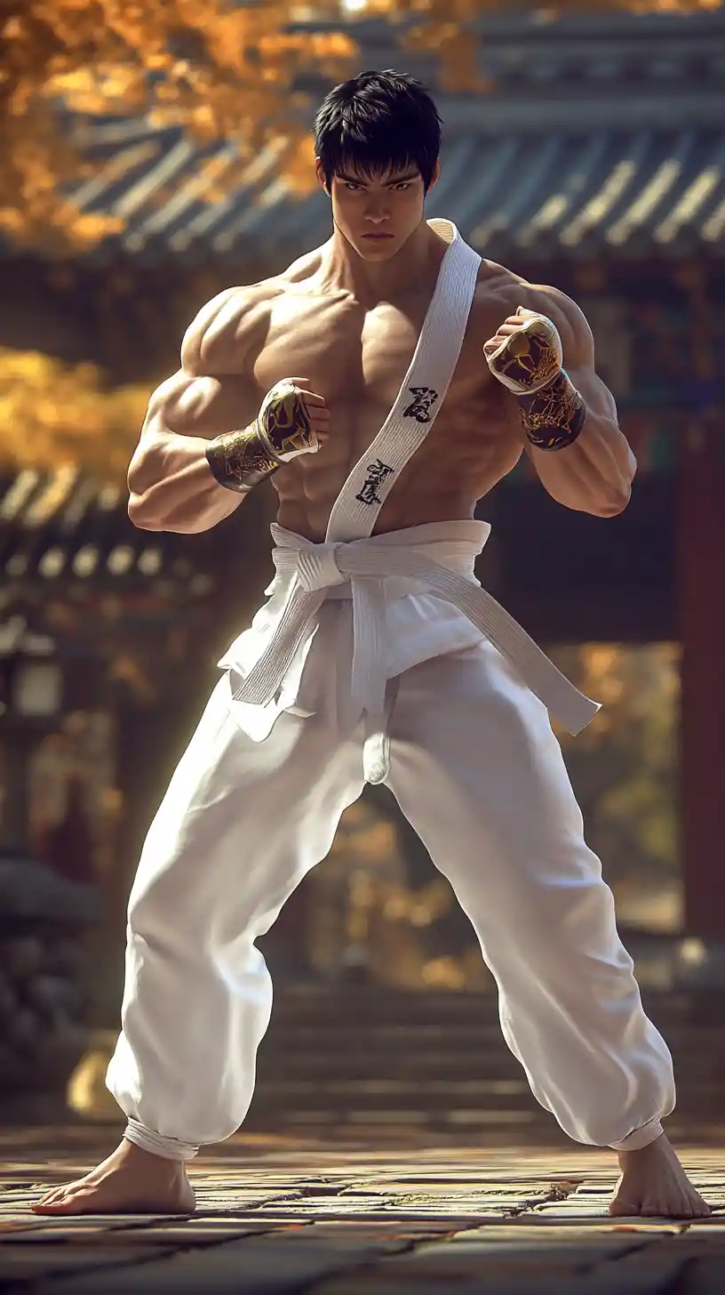 Lottatore coreano di taekwondo in dinamica posizione di battaglia anime