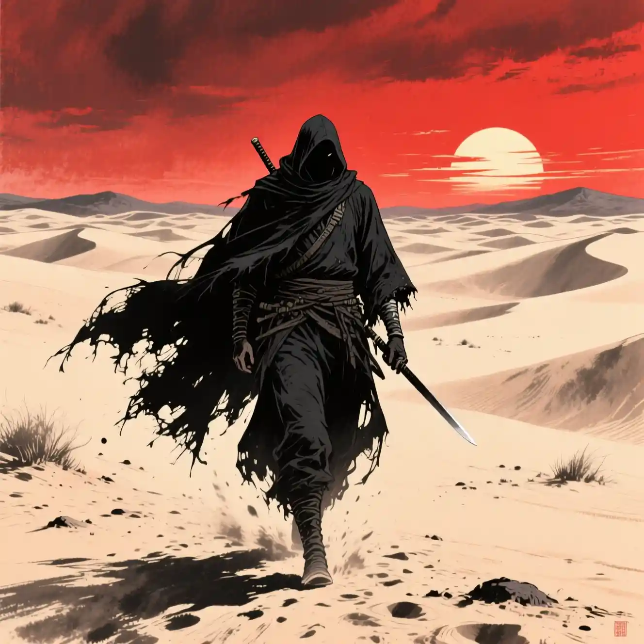 Assassin In Black Cloak Crossing A Crimson Desert