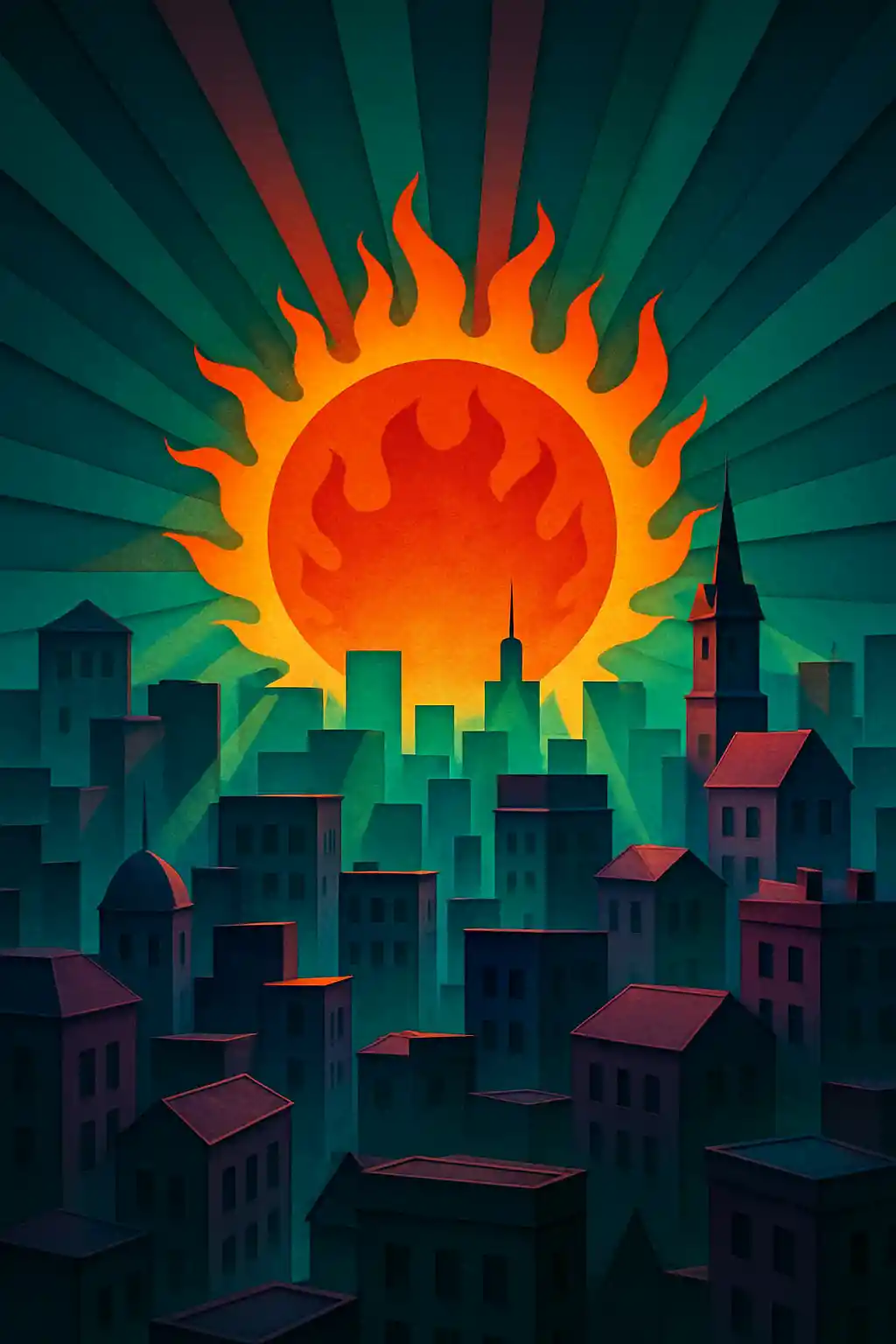 Città fantasy in paper cut sotto un sole ardente dai colori di gemma