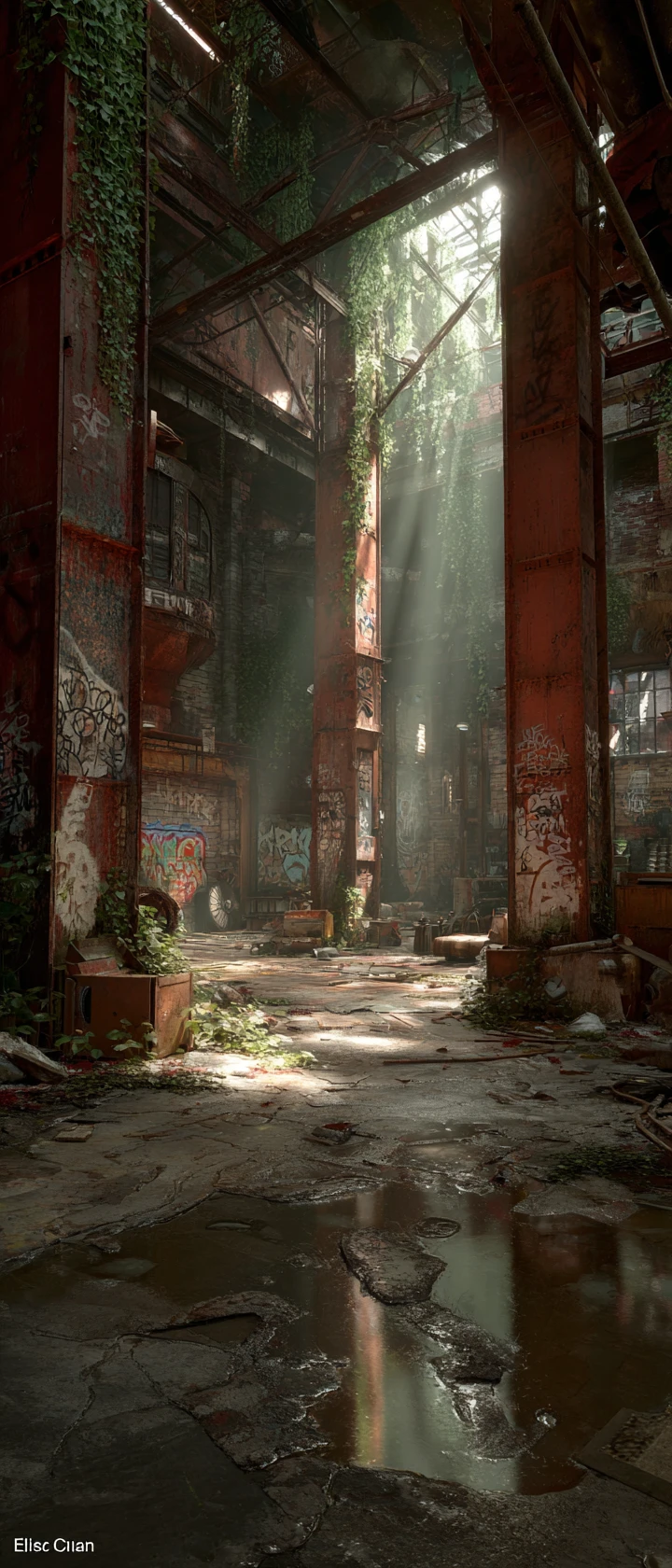 Abandoned industrial hall reclaimed by creeping nature and light