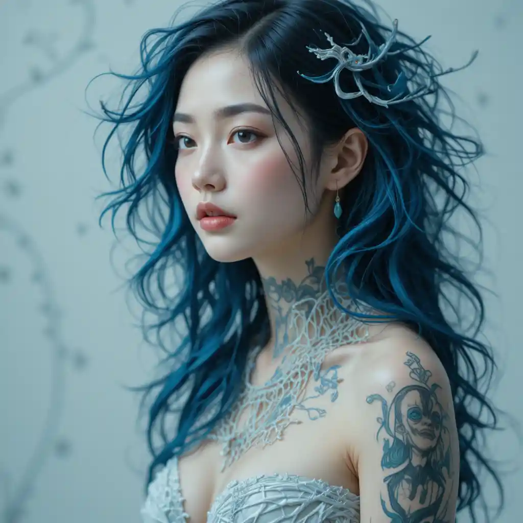 Surreal portrait of a blue haired tattooed Asian woman