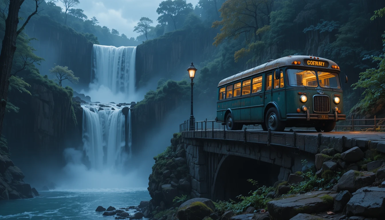 Alter Bus überquert nachts eine Brücke neben einem Wasserfall