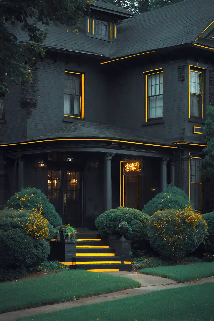 Dark suburban homes with neon yellow highlights at night