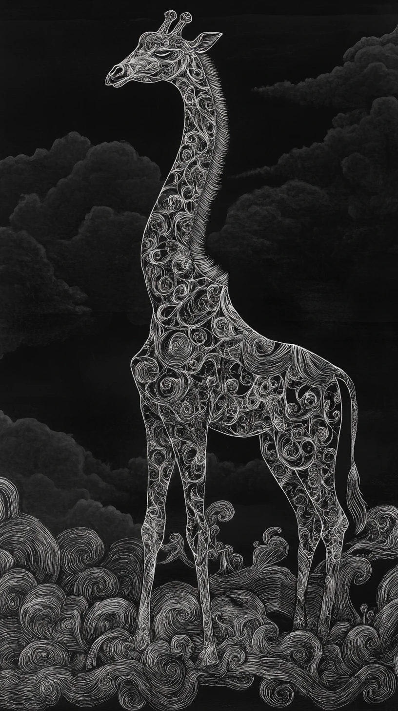 Giraffa monocromatica ricamata che vortica con energia yin e yang