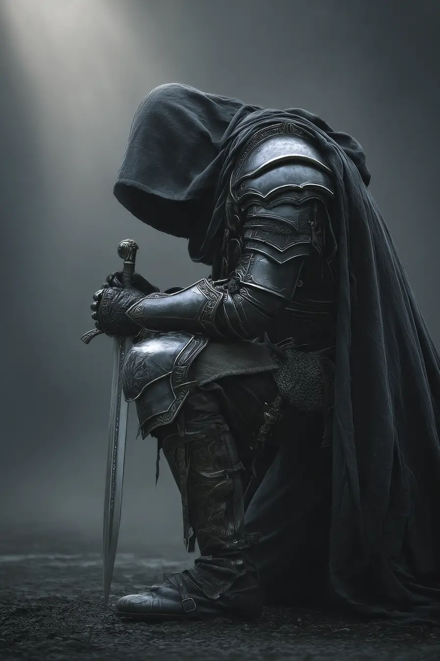 Kneeling warrior holding a blade in moonlit fog