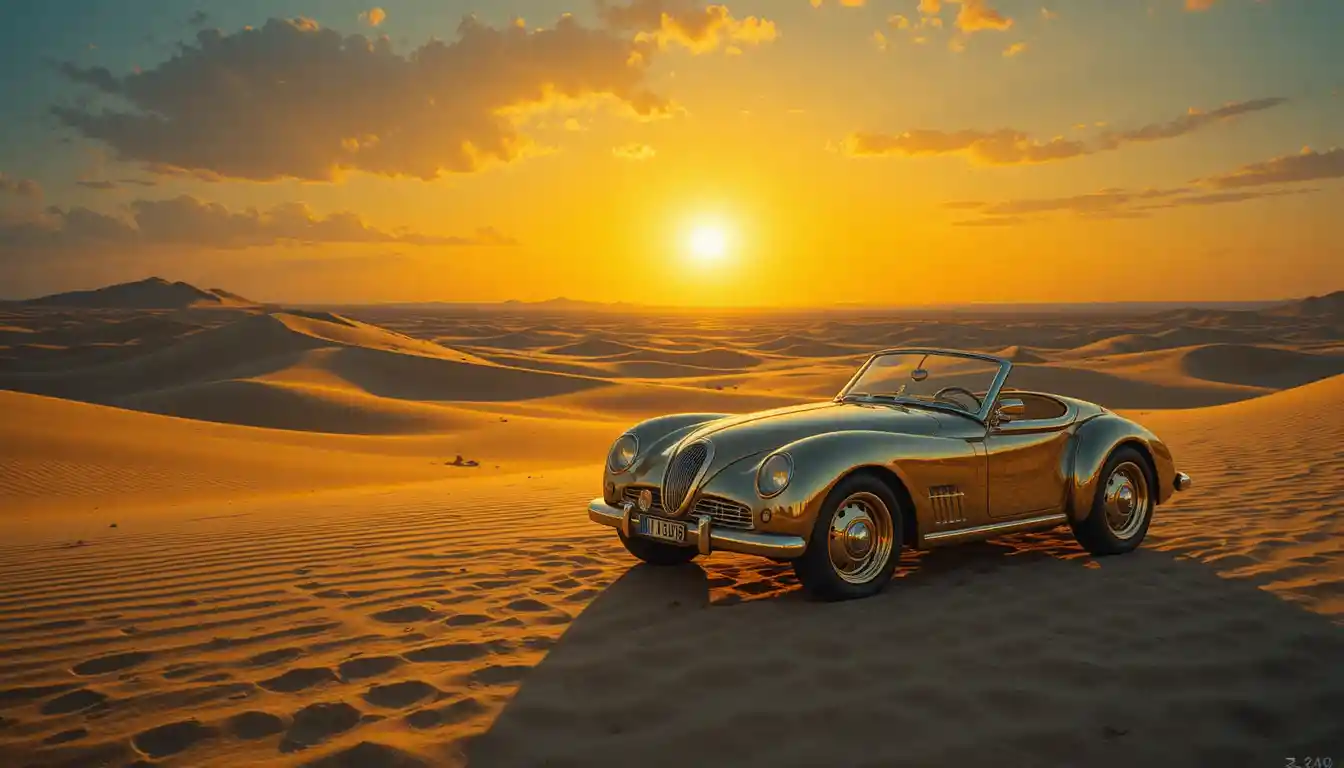 超現實沙漠夕陽中的黃銅玩具車