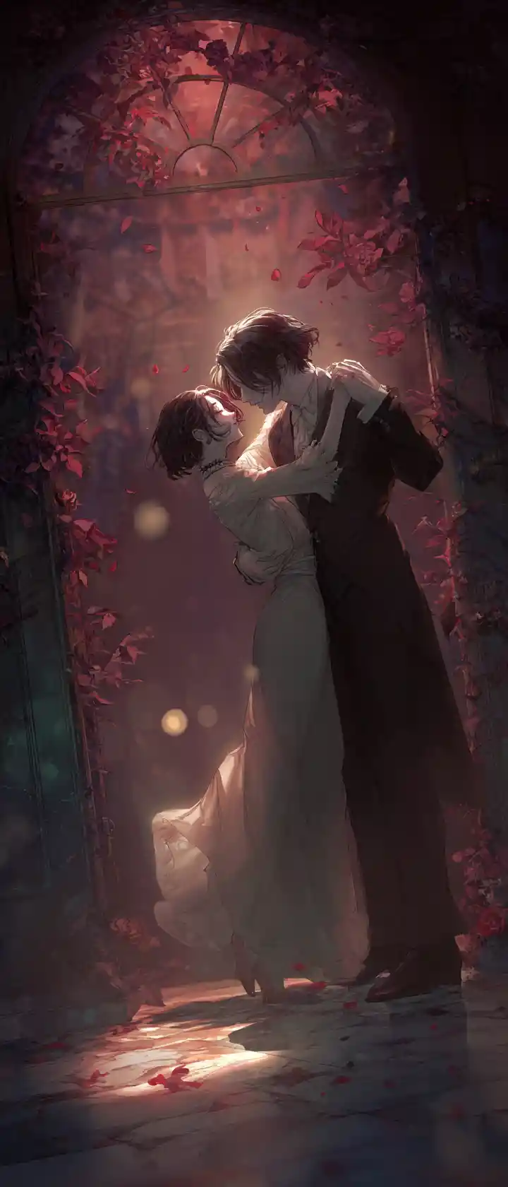 Ancient Vampire Lovers Dancing In Abandoned Rose Filled Ballroom