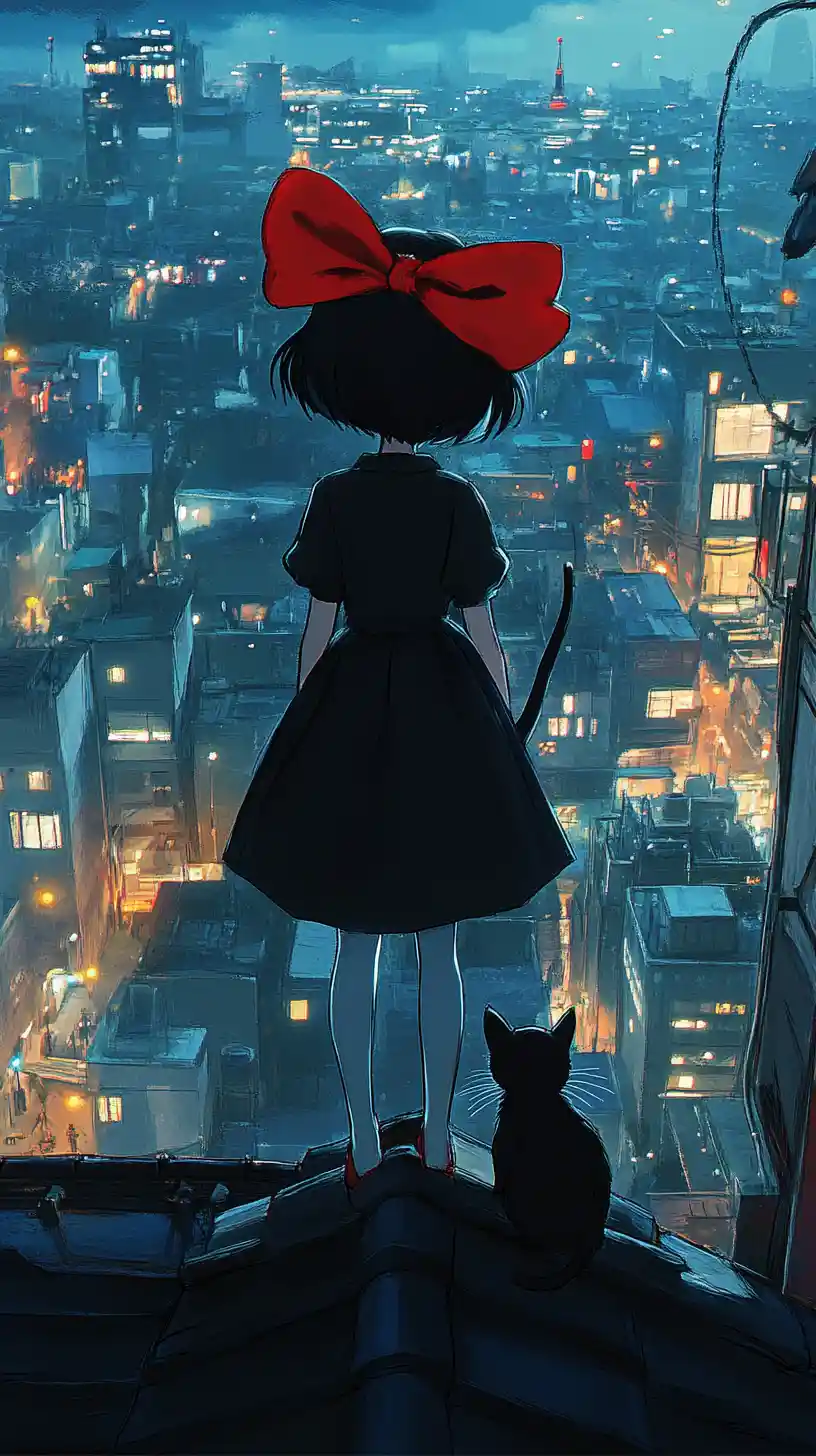Anime girl with red bow and cat on city rooftop
