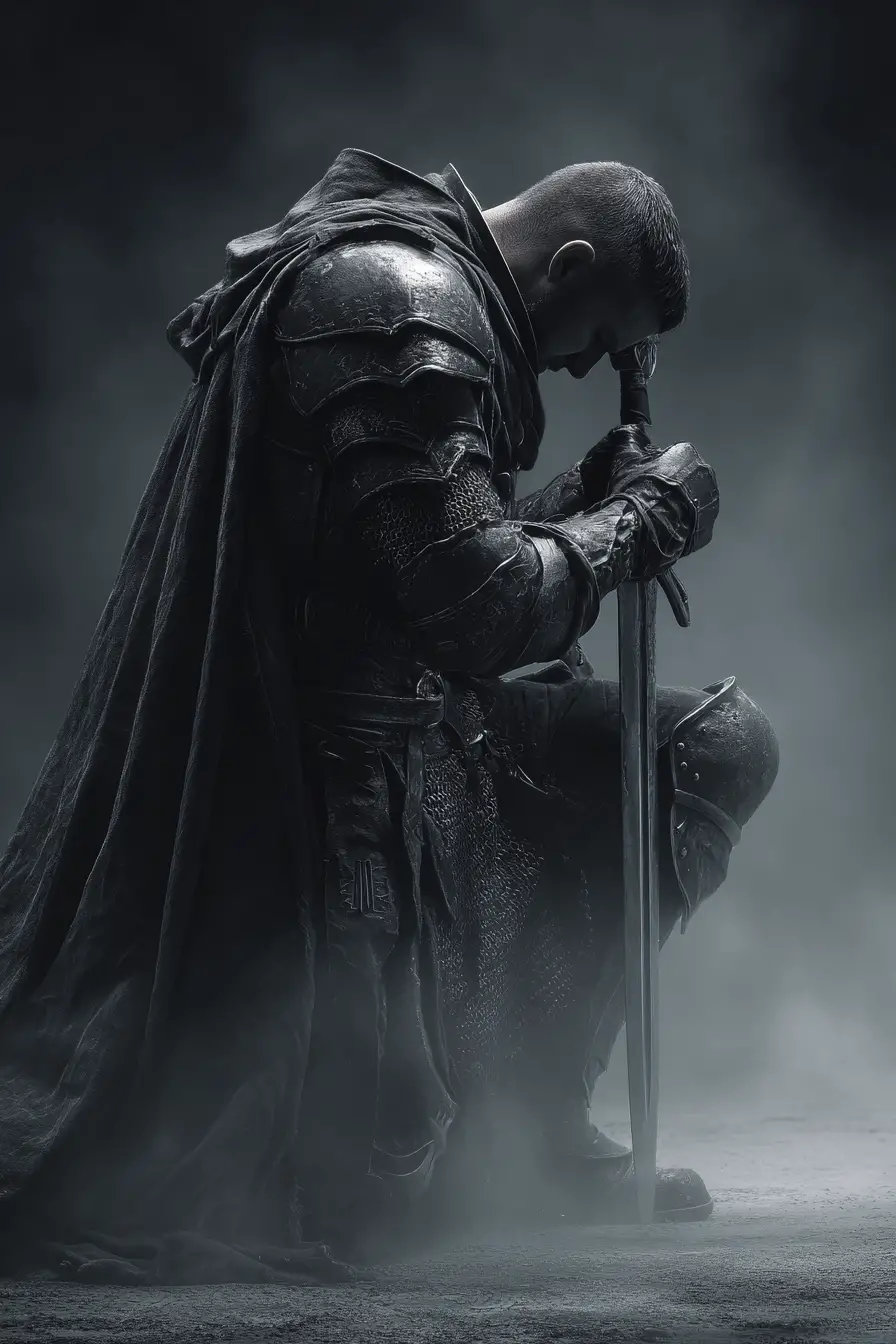 Warrior Kneeling In Moonlit Fog Before Battle