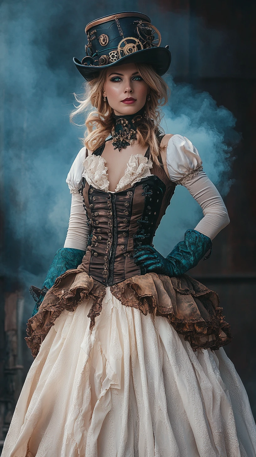 Donna steampunk in piedi su isole di nuvole fluttuanti e luminose