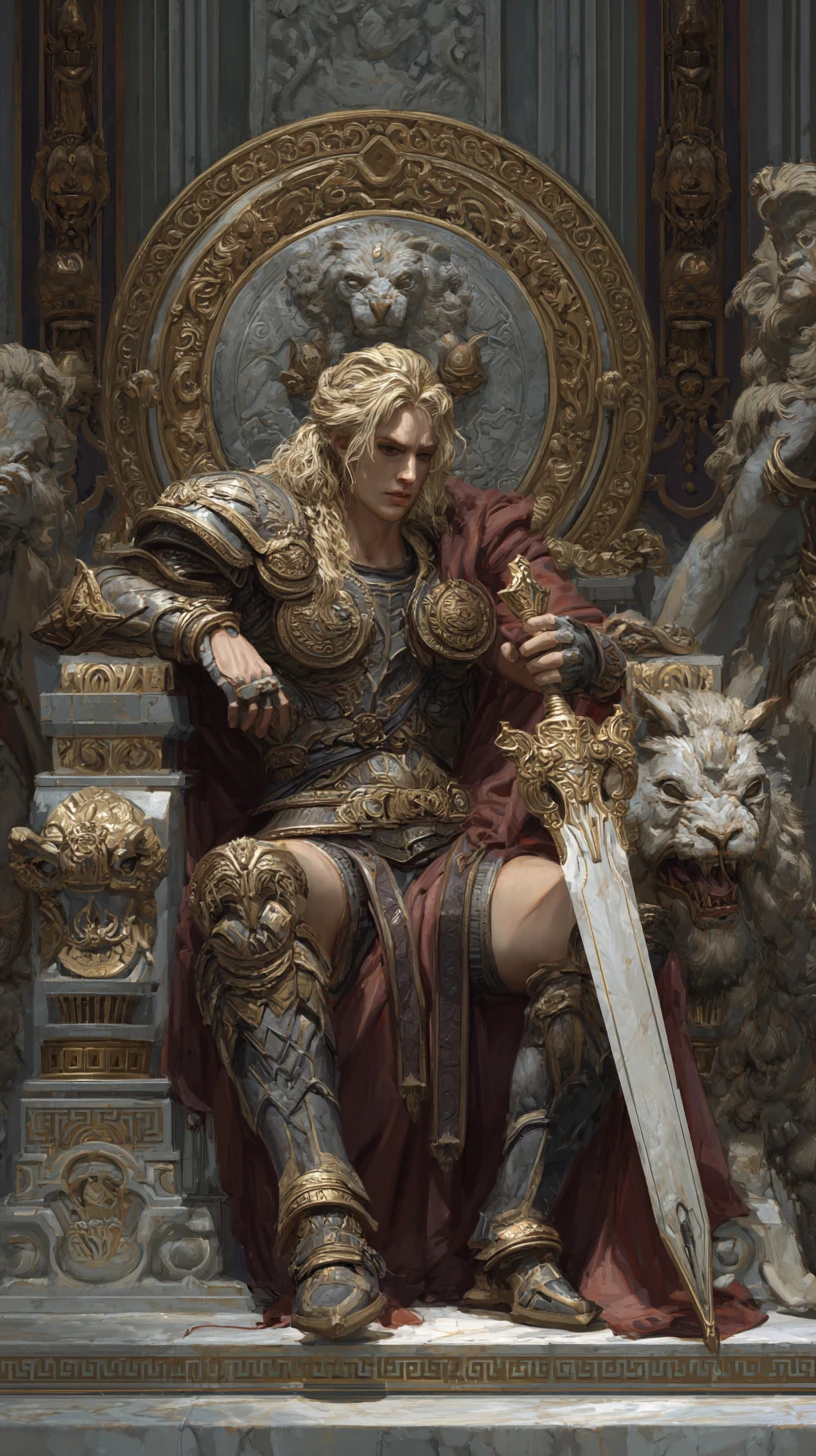 Androgynous war god seated on a grand fantasy throne