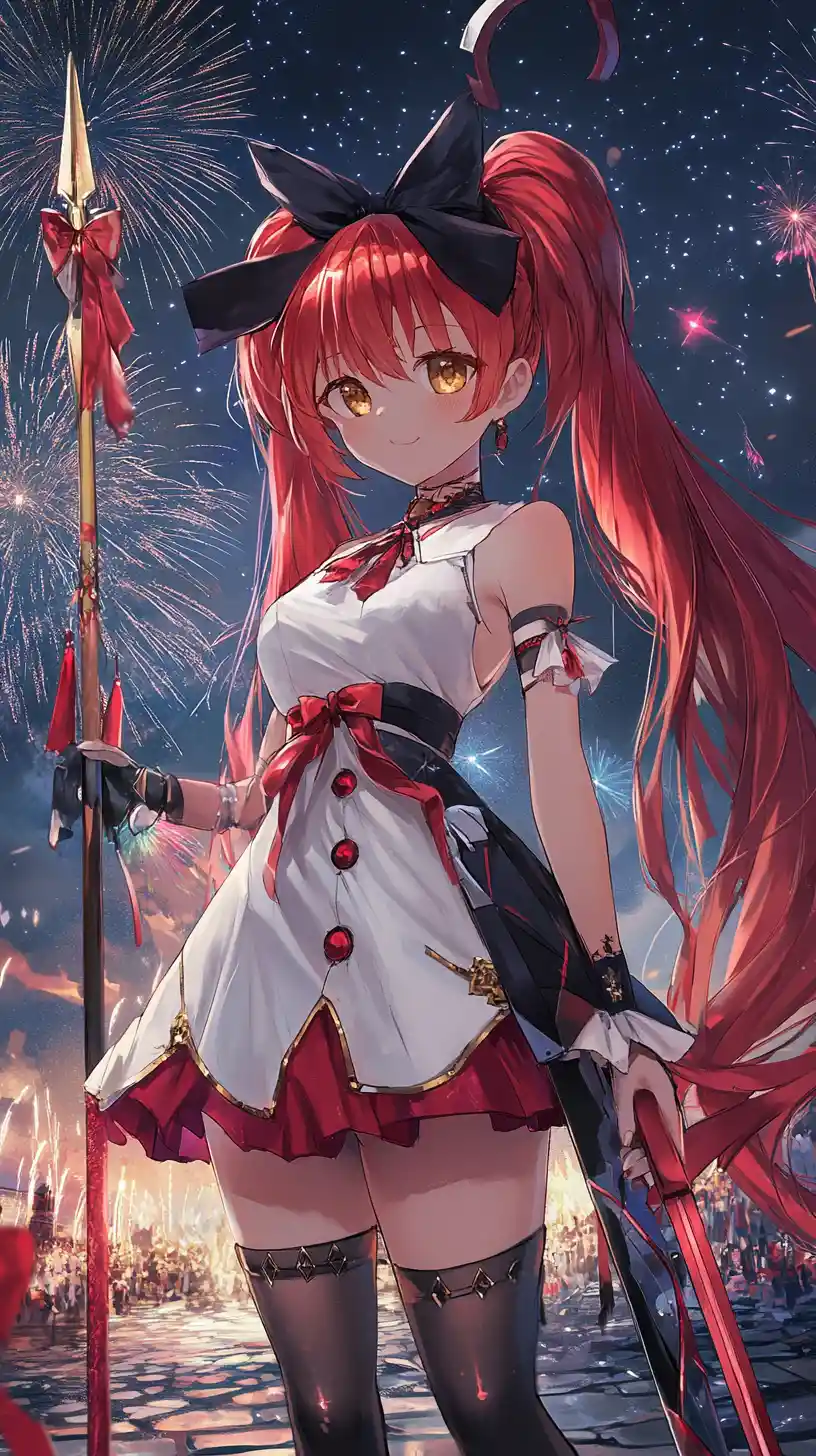 Chica de anime de cabello carmesí con vestido ornamentado de noche