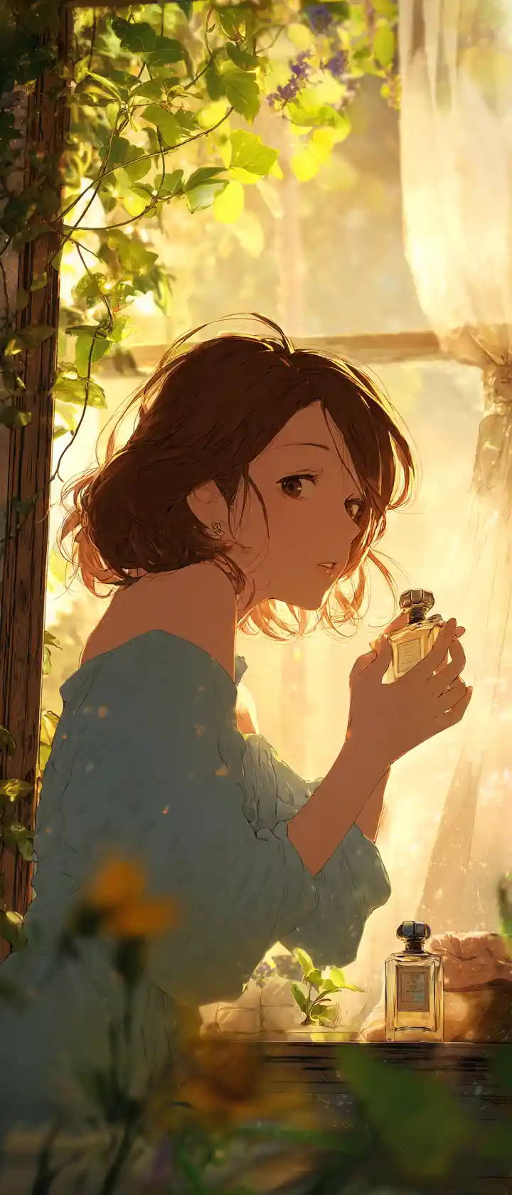 Woman with perfume by a sunrise cottage window
