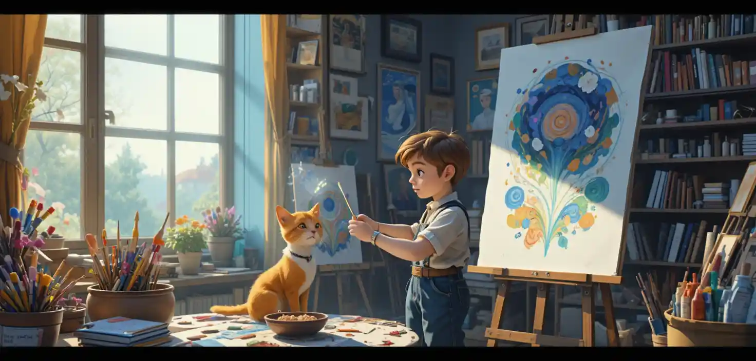 Jovem artista em estúdio iluminado com tintas e pincéis