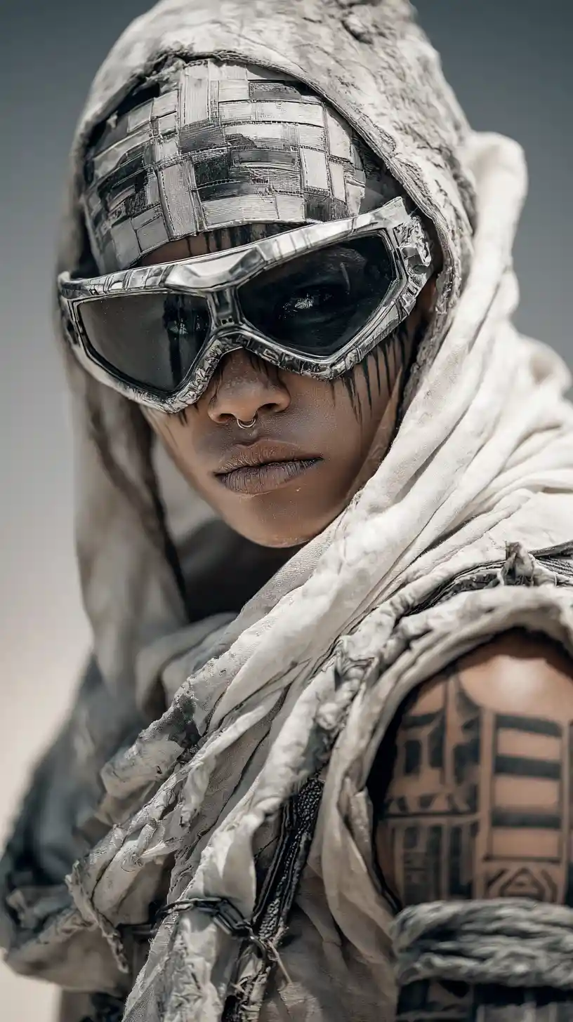 Alien woman in gas mask standing in post apocalyptic desert