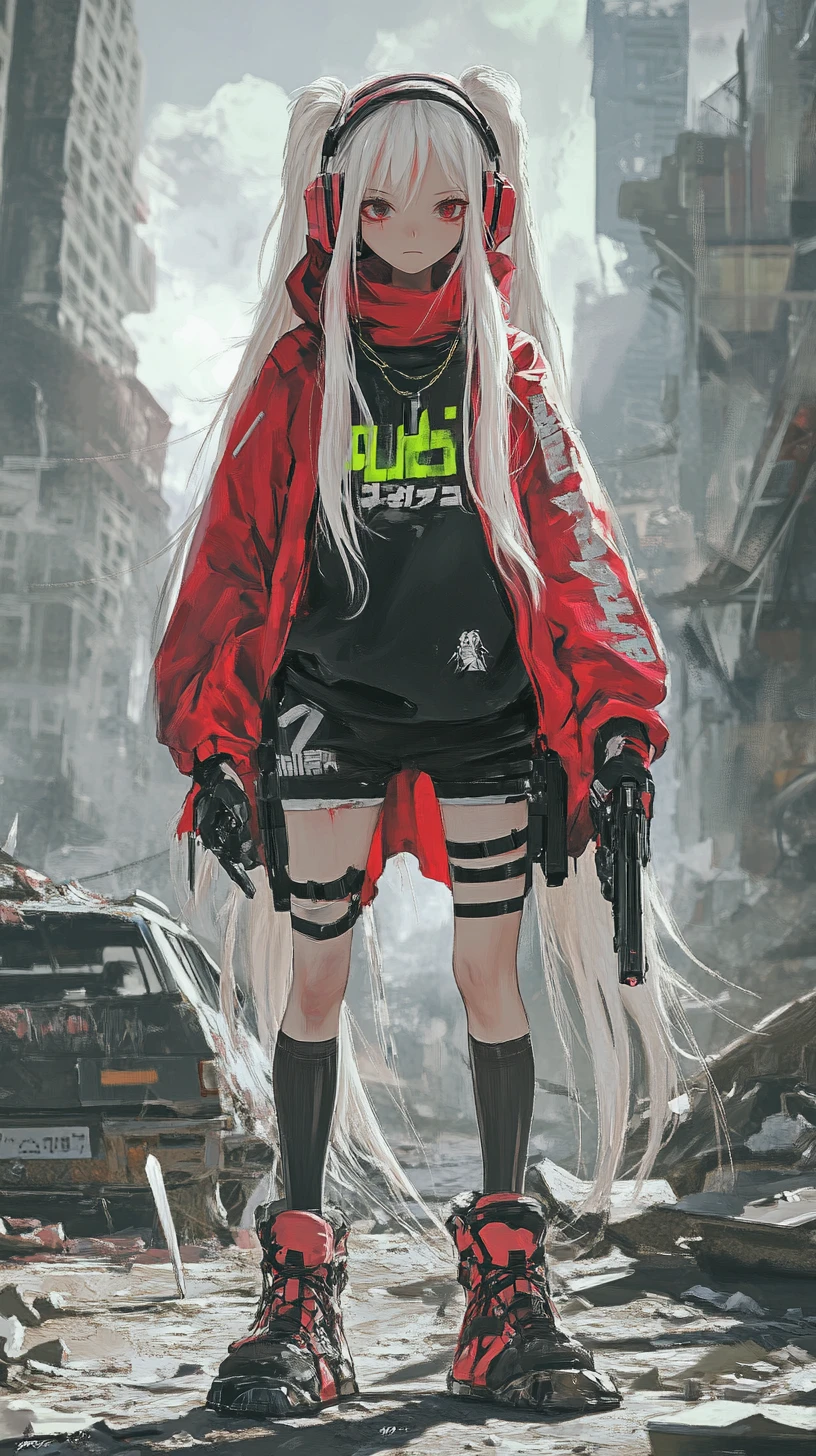 Anime girl with pistol in a ruined city street