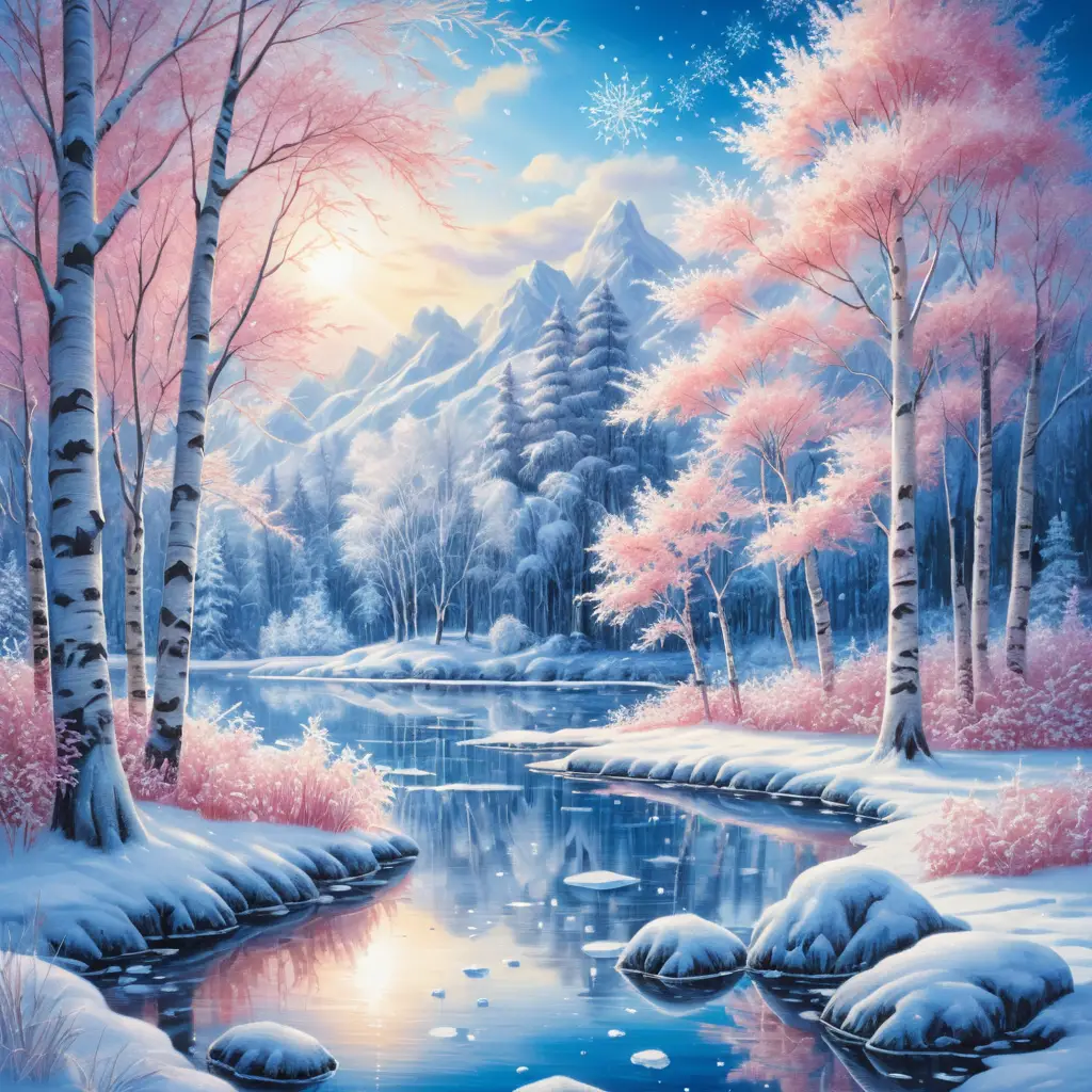 Surrealer Winterwald mit Birken und zugefrorenem See