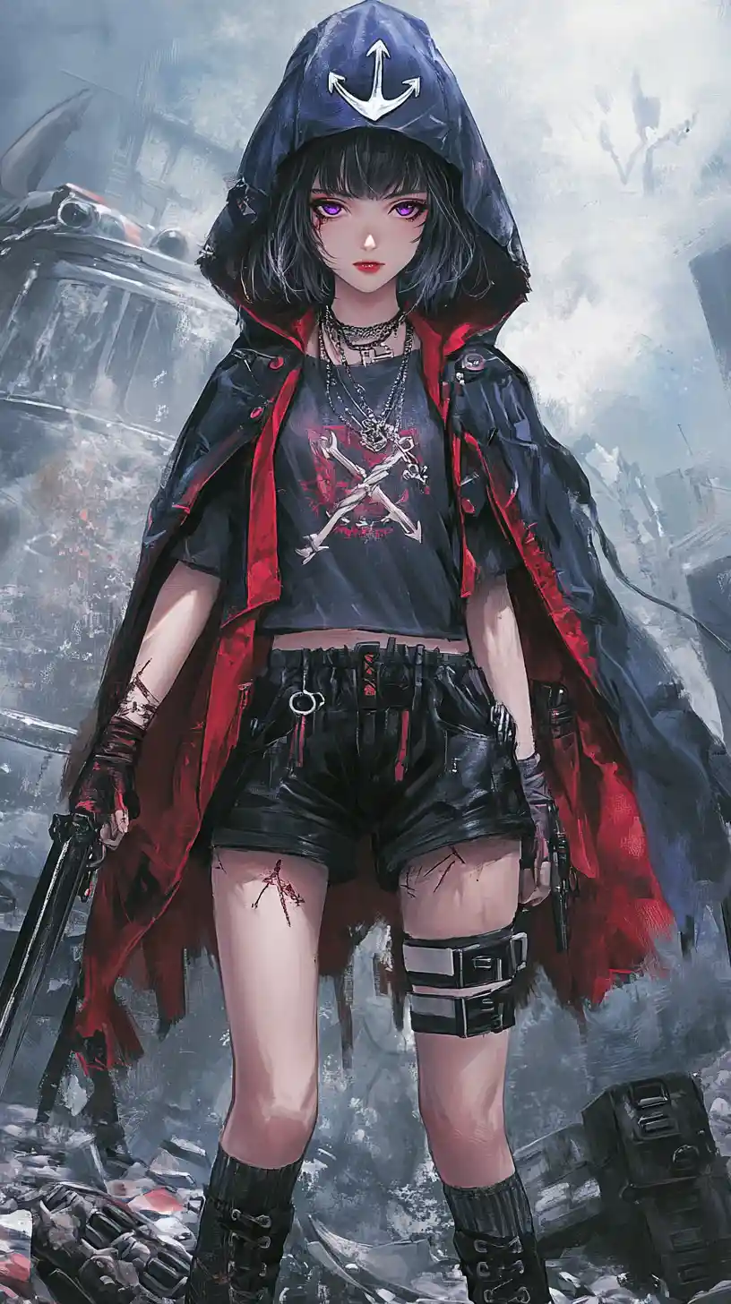 Girl warrior with sword in a ruined city street