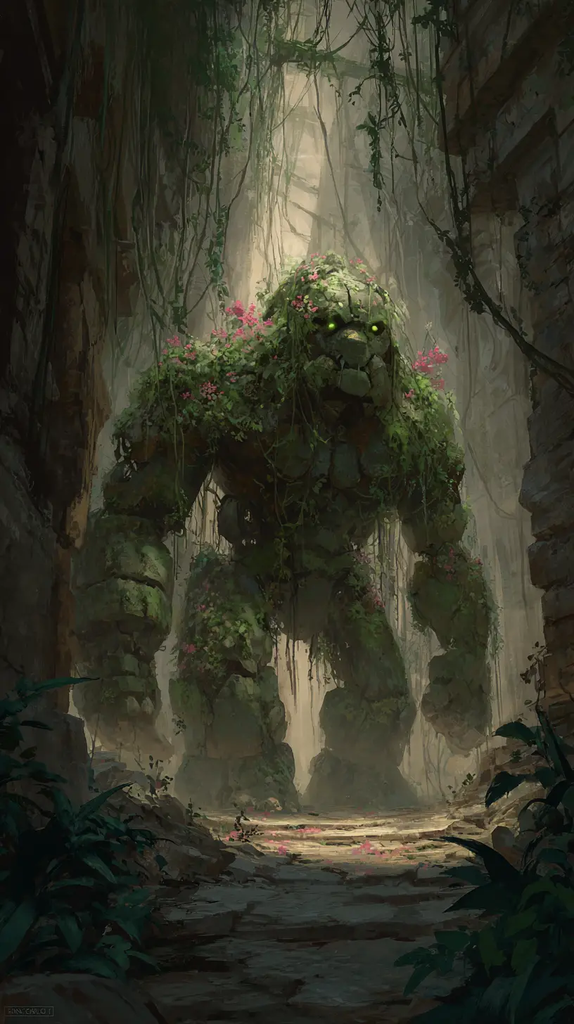Ancient stone golem awakening in a jungle temple