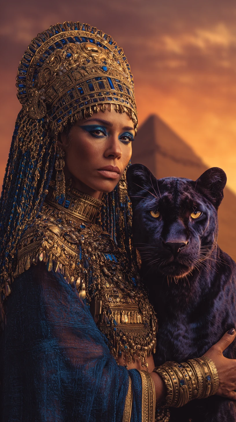 Egyptian queen and black panther at sunset before pyramids