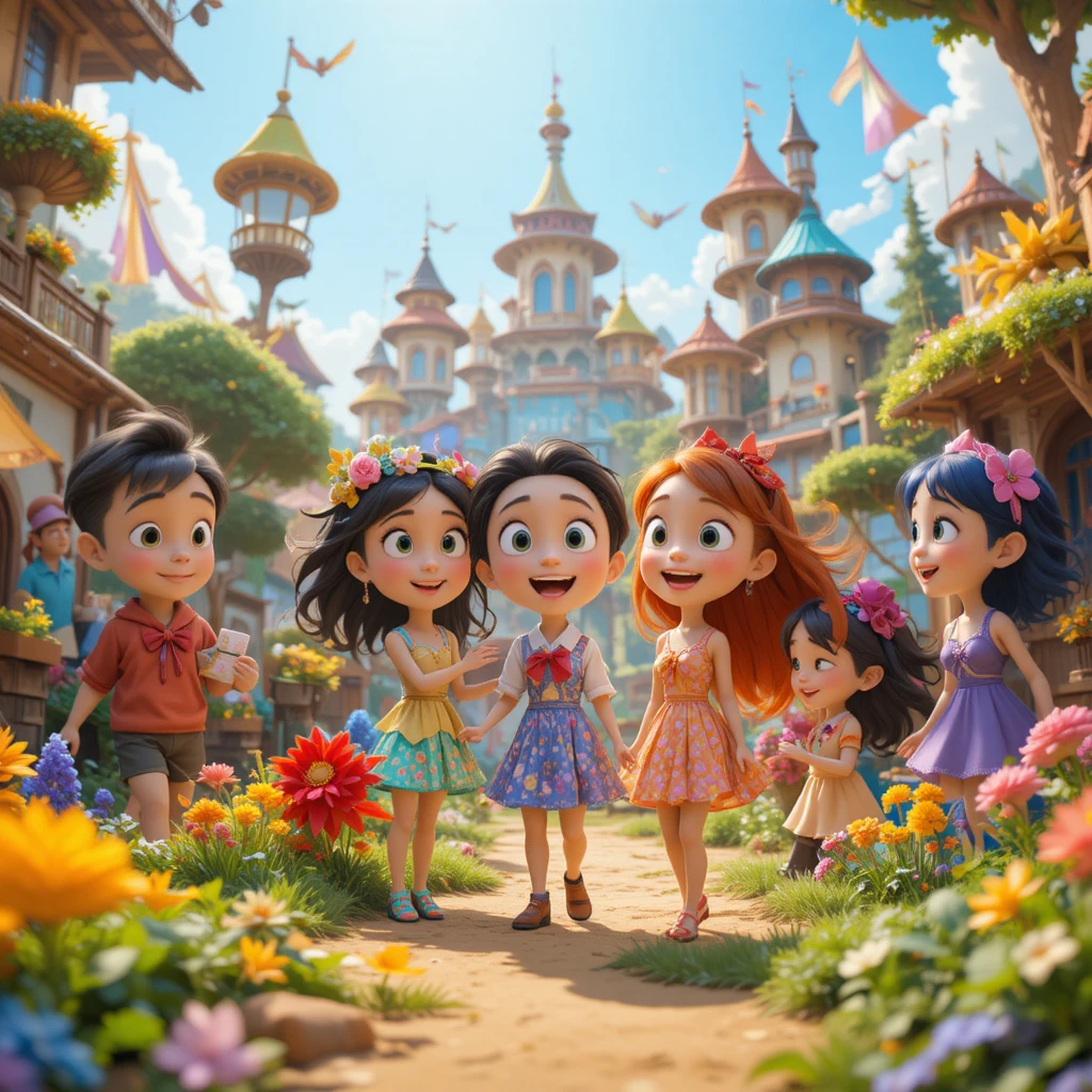 Personaggi animati fantasiosi in un colorato mondo fantastico
