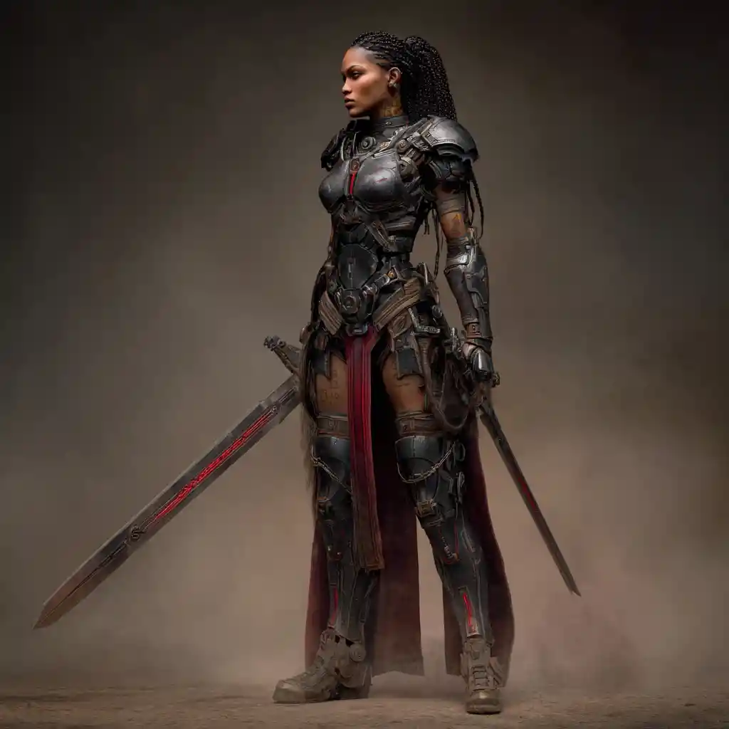 Female sci fi warrior in armor with glowing magic sword