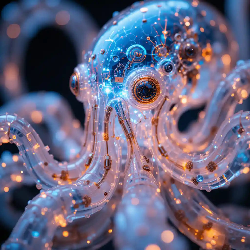 Transparent cybernetic octopus macro with glowing inner circuits