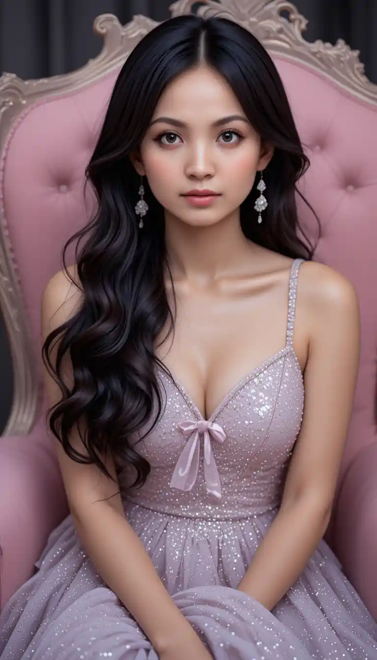 Elegant woman in pink armchair with shimmering gown