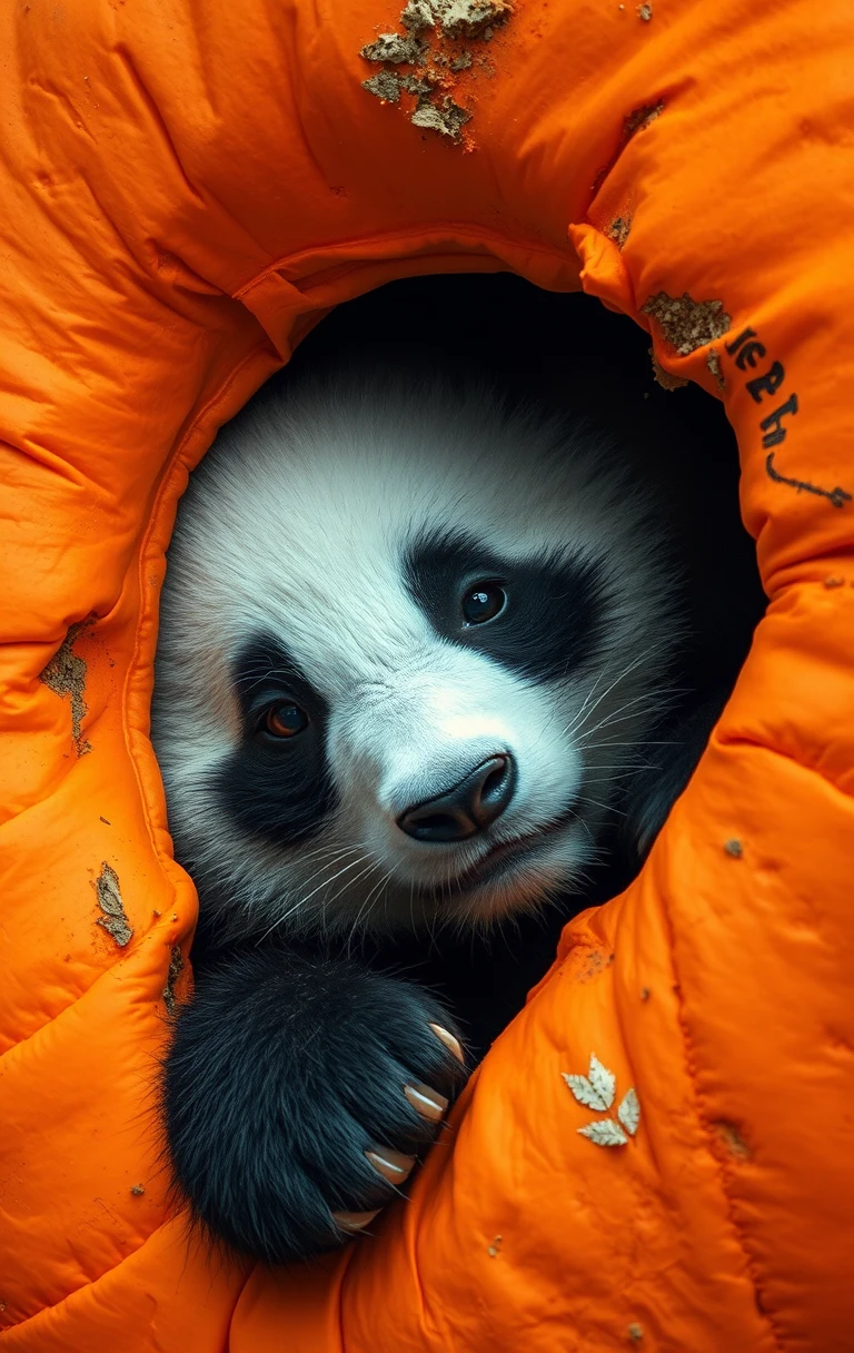Primo piano di un panda che sbircia da un buco in un'arancia