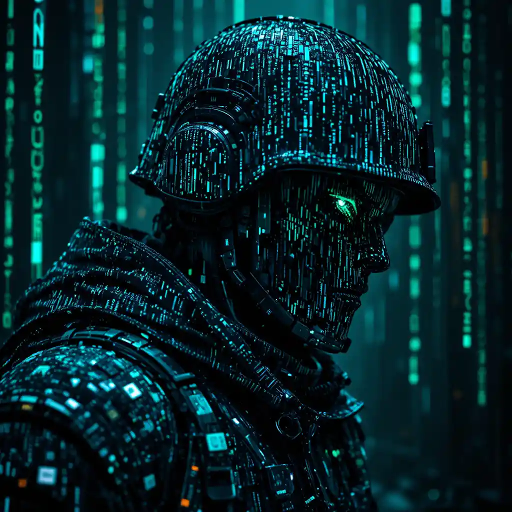 Soldado digital cinematográfico em cena de matriz neon com glitch