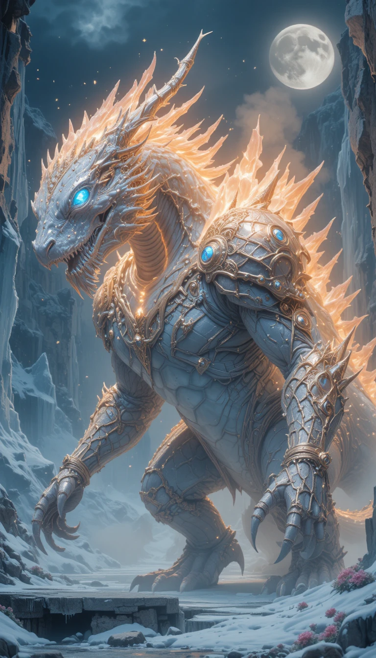 Armored crystal dragon in a moonlit icy gorge