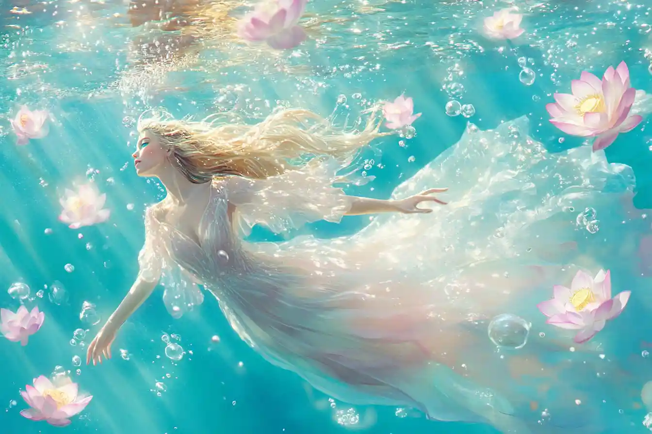 Ethereal woman swimming underwater among glowing lotus flowers