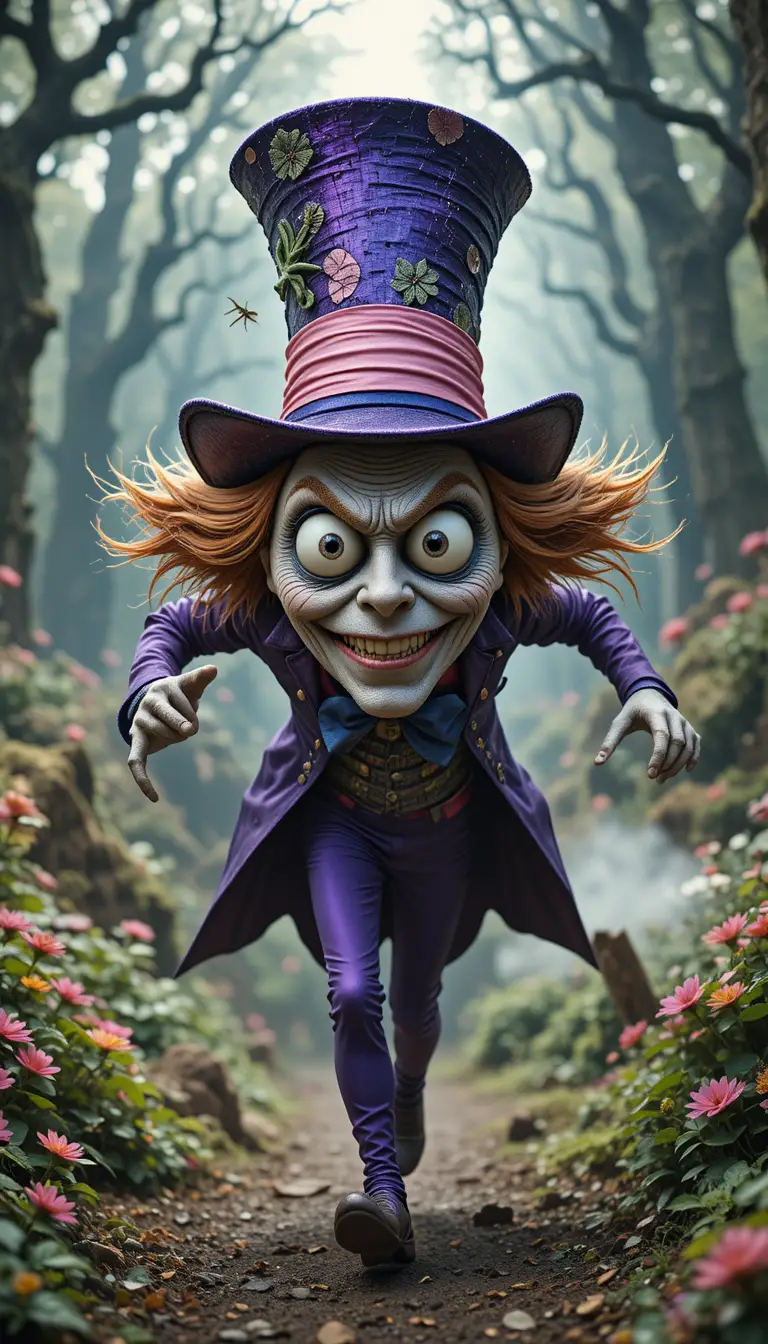 Mad Hatter chasing Alice through a bizarre purple Wonderland
