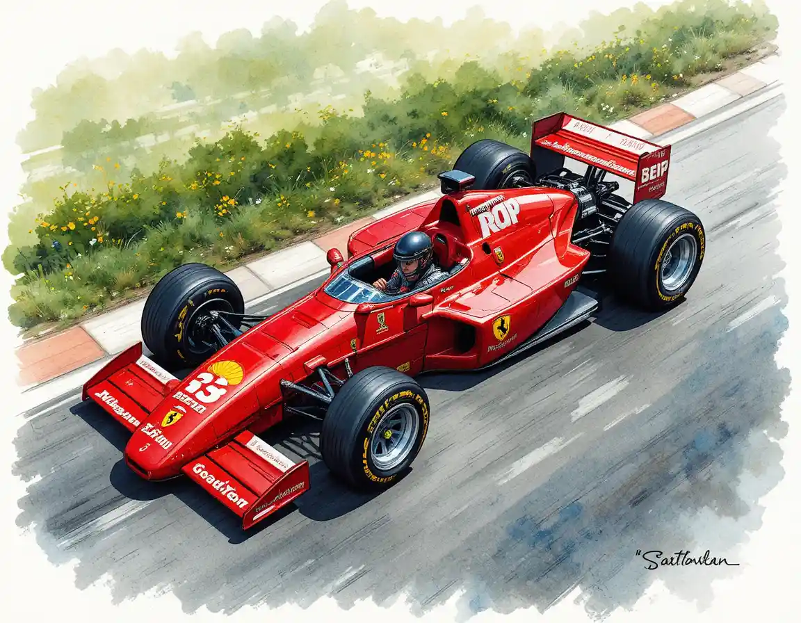 日差しの中、アスファルトトラックを走る赤いフェラーリレーシングカー