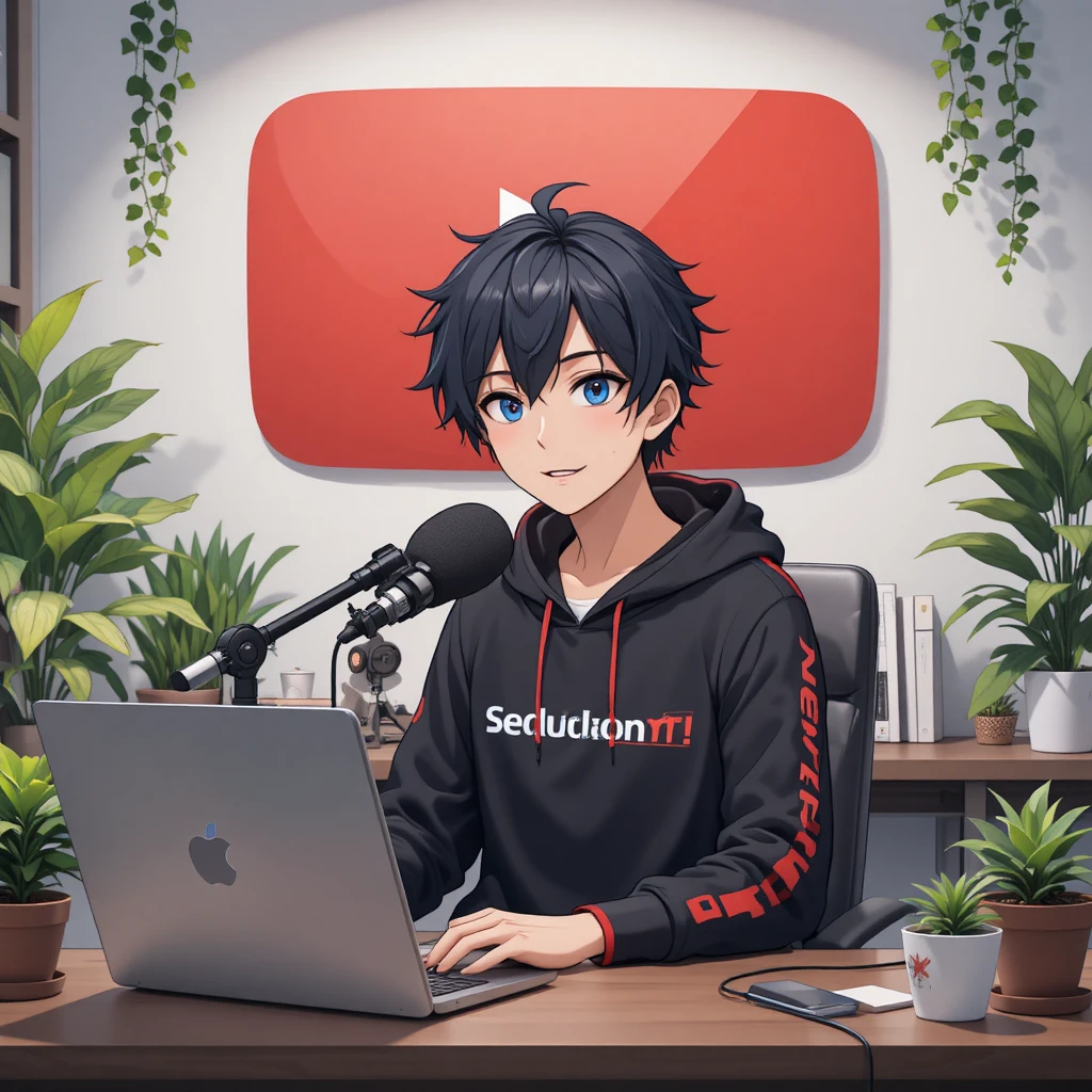 Anime boy streaming at a desk with YouTube backdrop