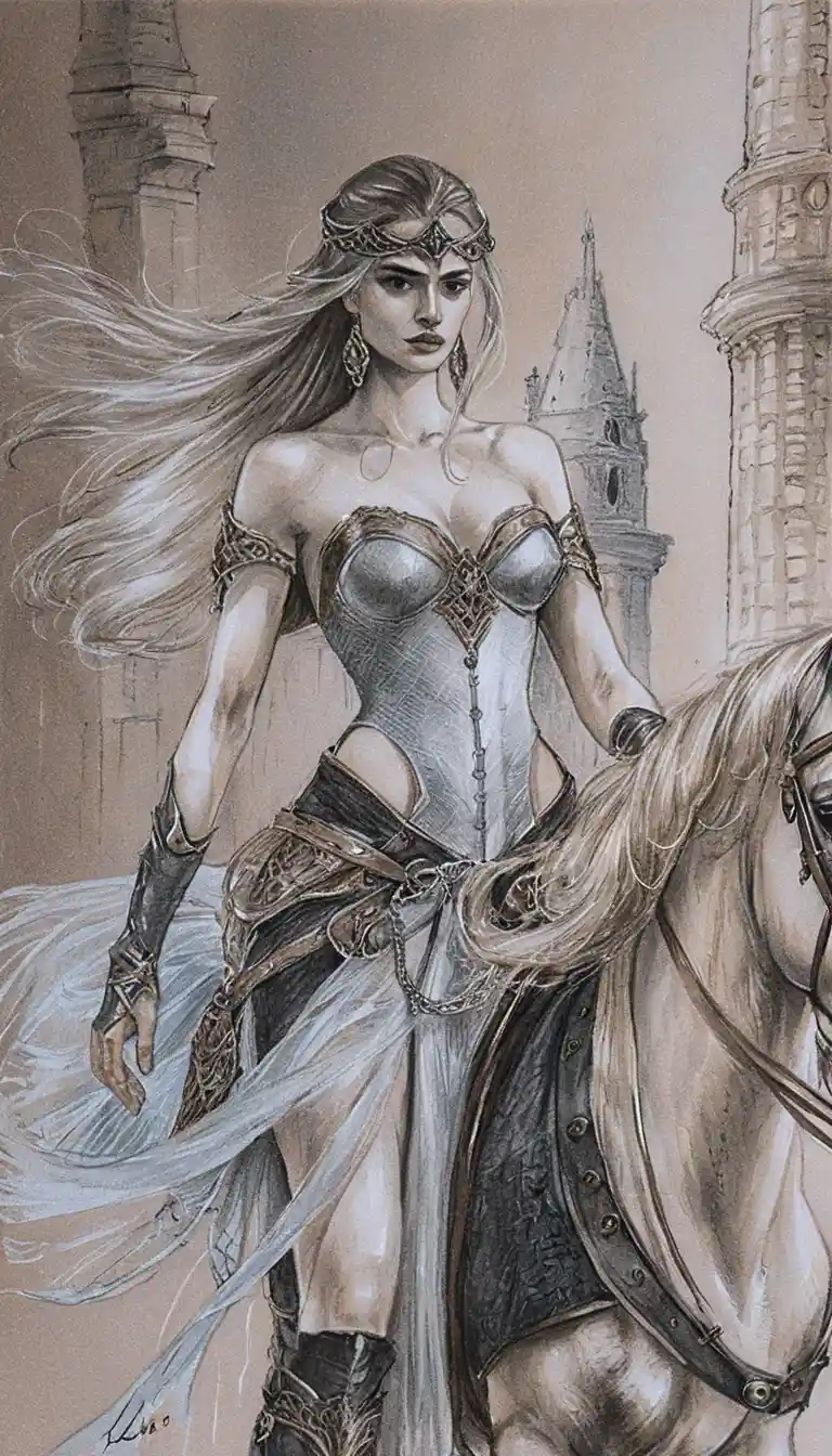 Dark fantasy warrior queen on horseback before ruined castle