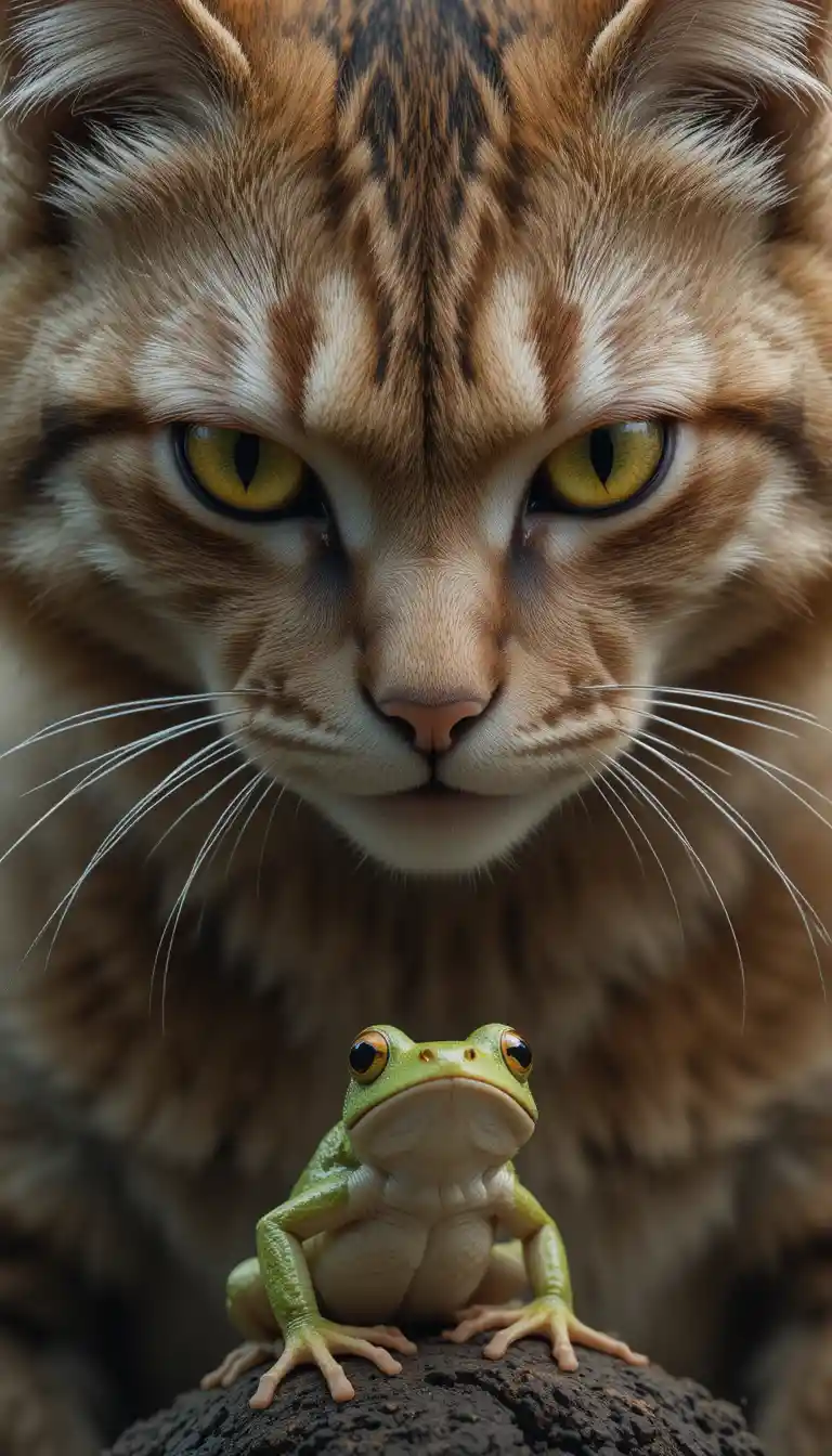 Gato majestoso e pequeno sapo‑árvore em olhar fixo de perto