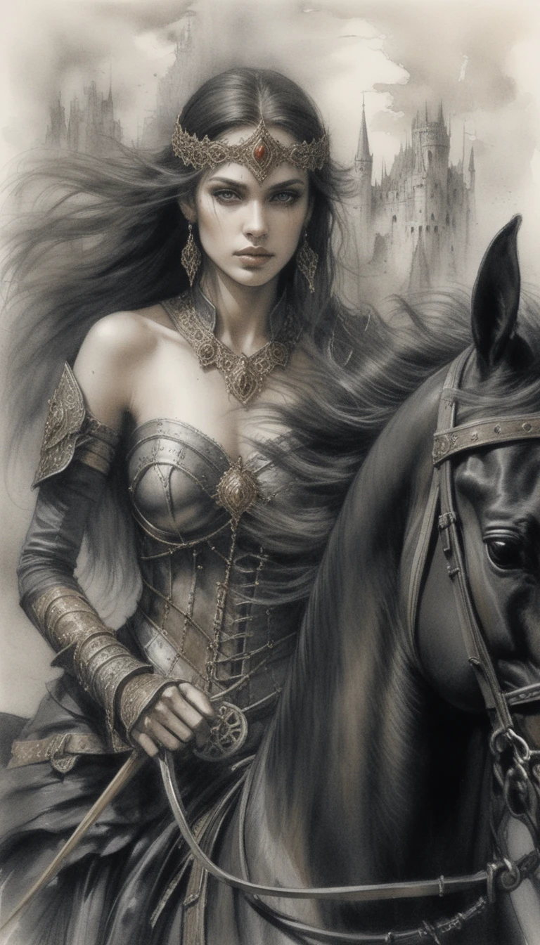 廢墟前的黑暗奇幻女戰士女王與戰馬