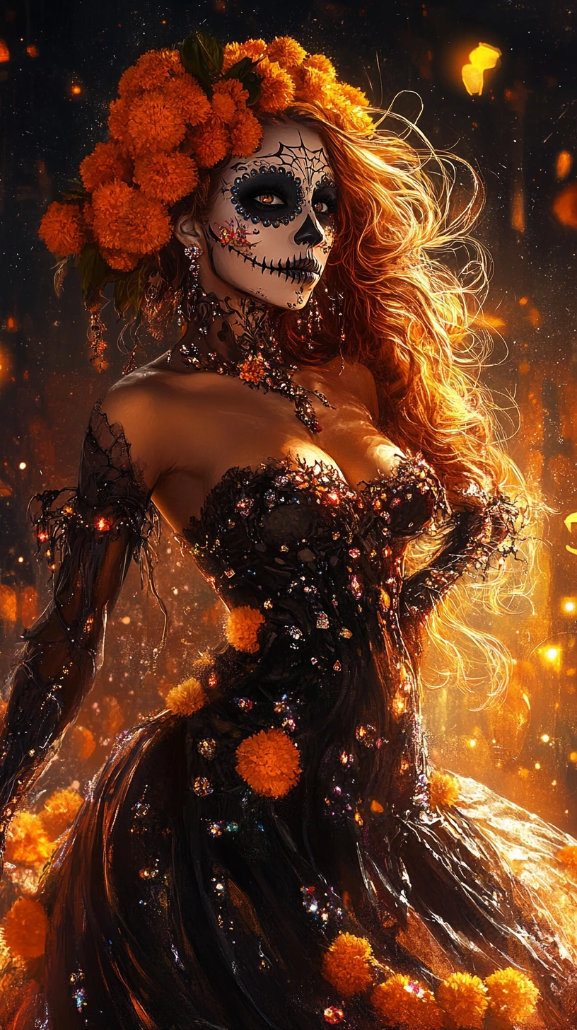 Mujer esqueleto de Día de los Muertos con vestido enjoyado
