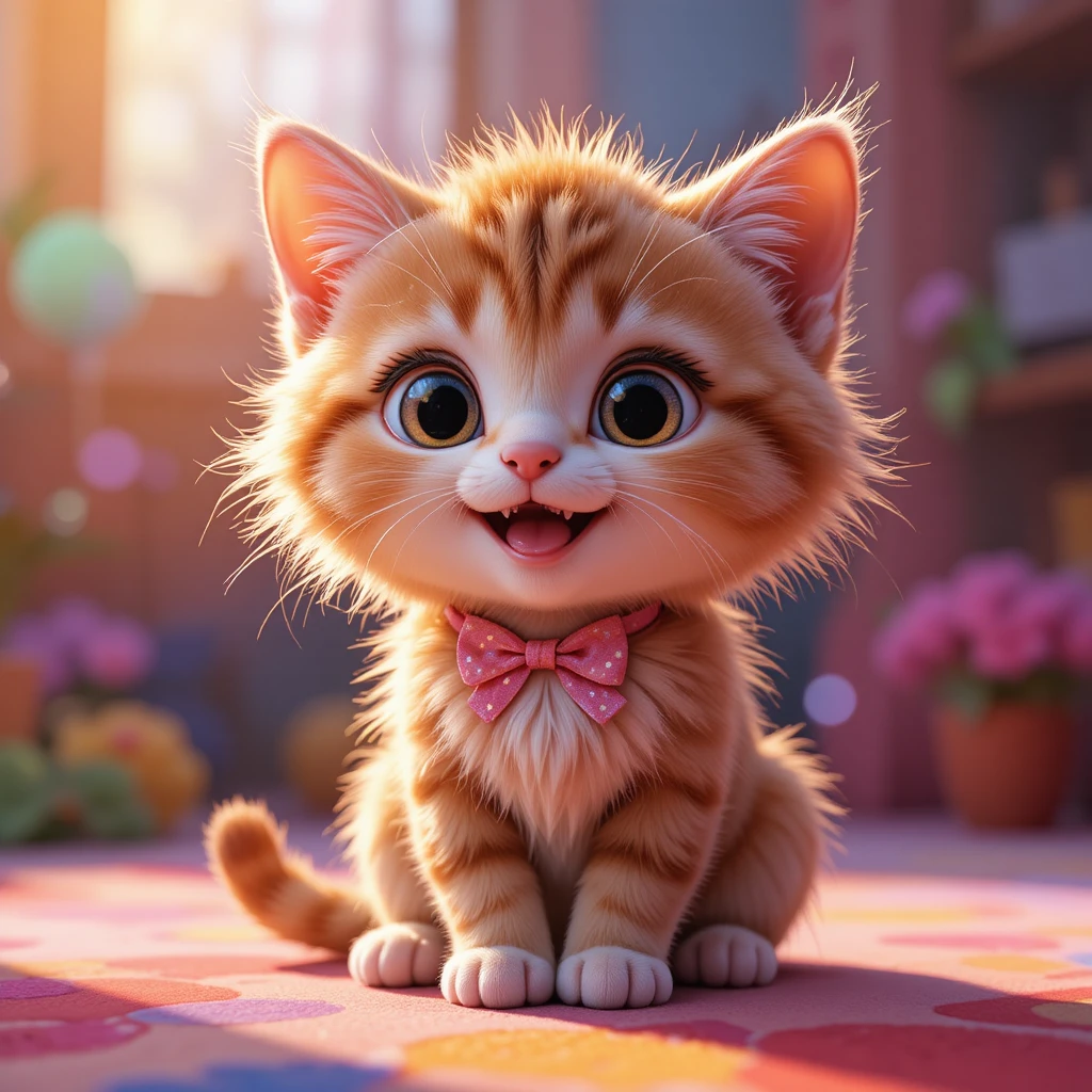 Cute fluffy cartoon kitten with pink bow in bright colors