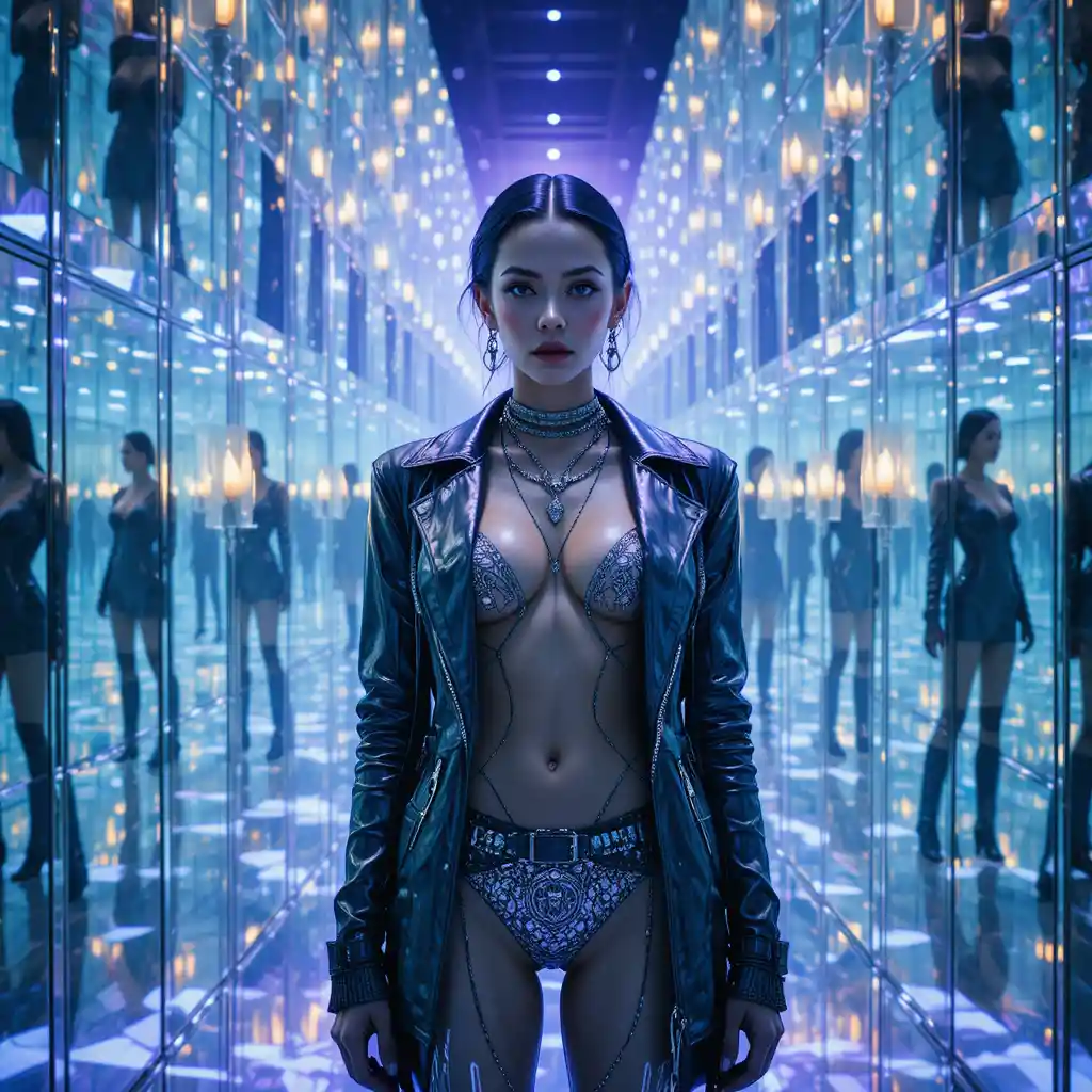 Gothic woman in endless cinematic mirror room reflections