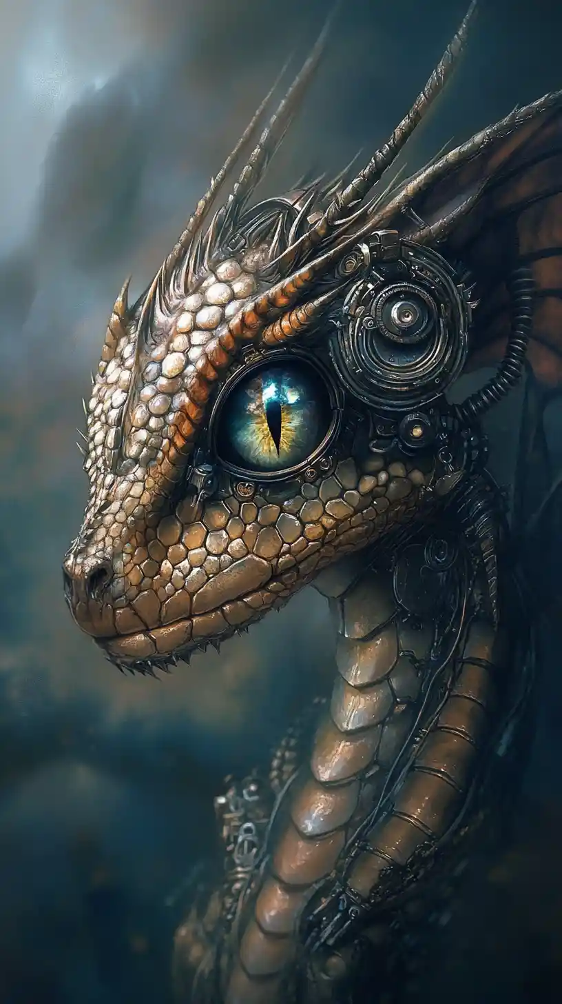 Futuristic dragon emerging from a dystopian nightscape