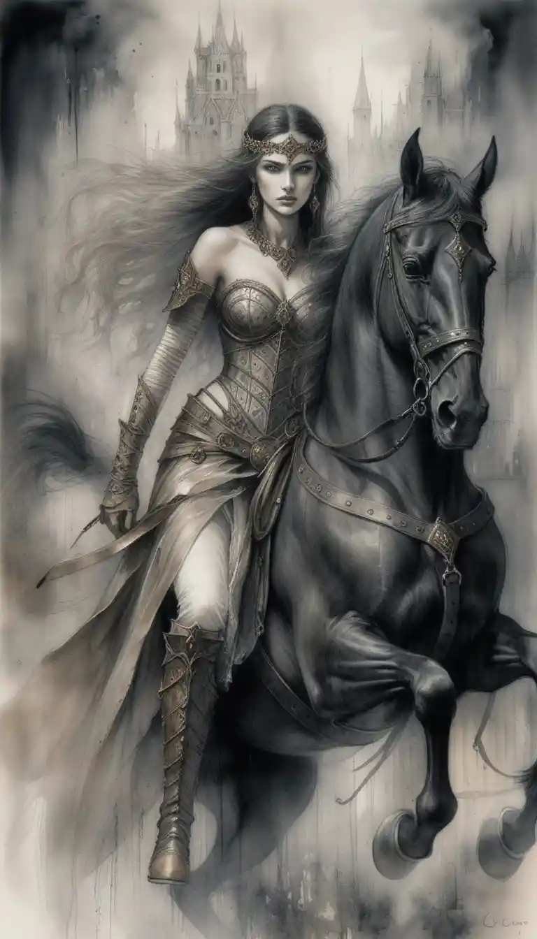 Regina guerriera dark fantasy su un cavallo da guerra nero