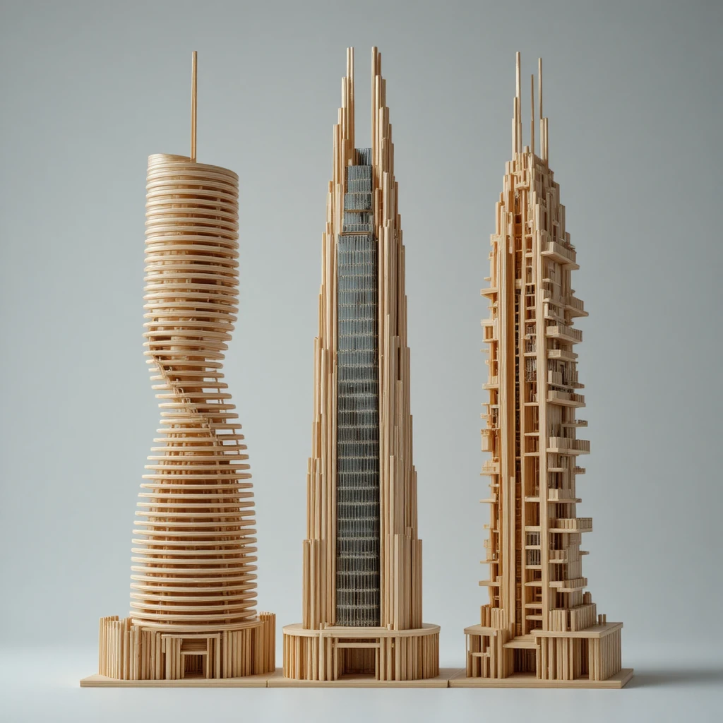 Quattro sculture di grattacieli di fiammiferi in esposizione in studio