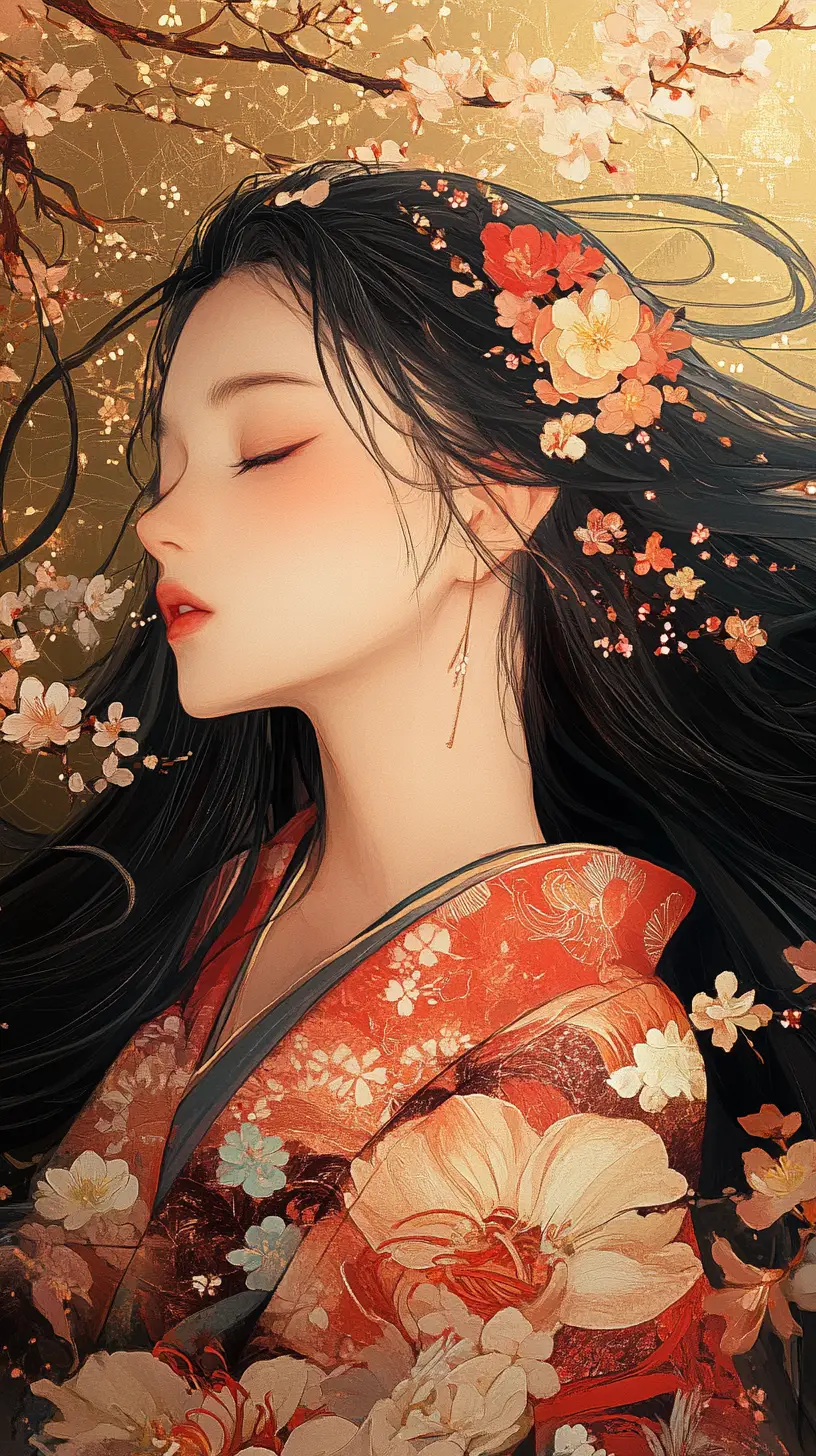 Japanese woman in ornate kimono among blooming flowers