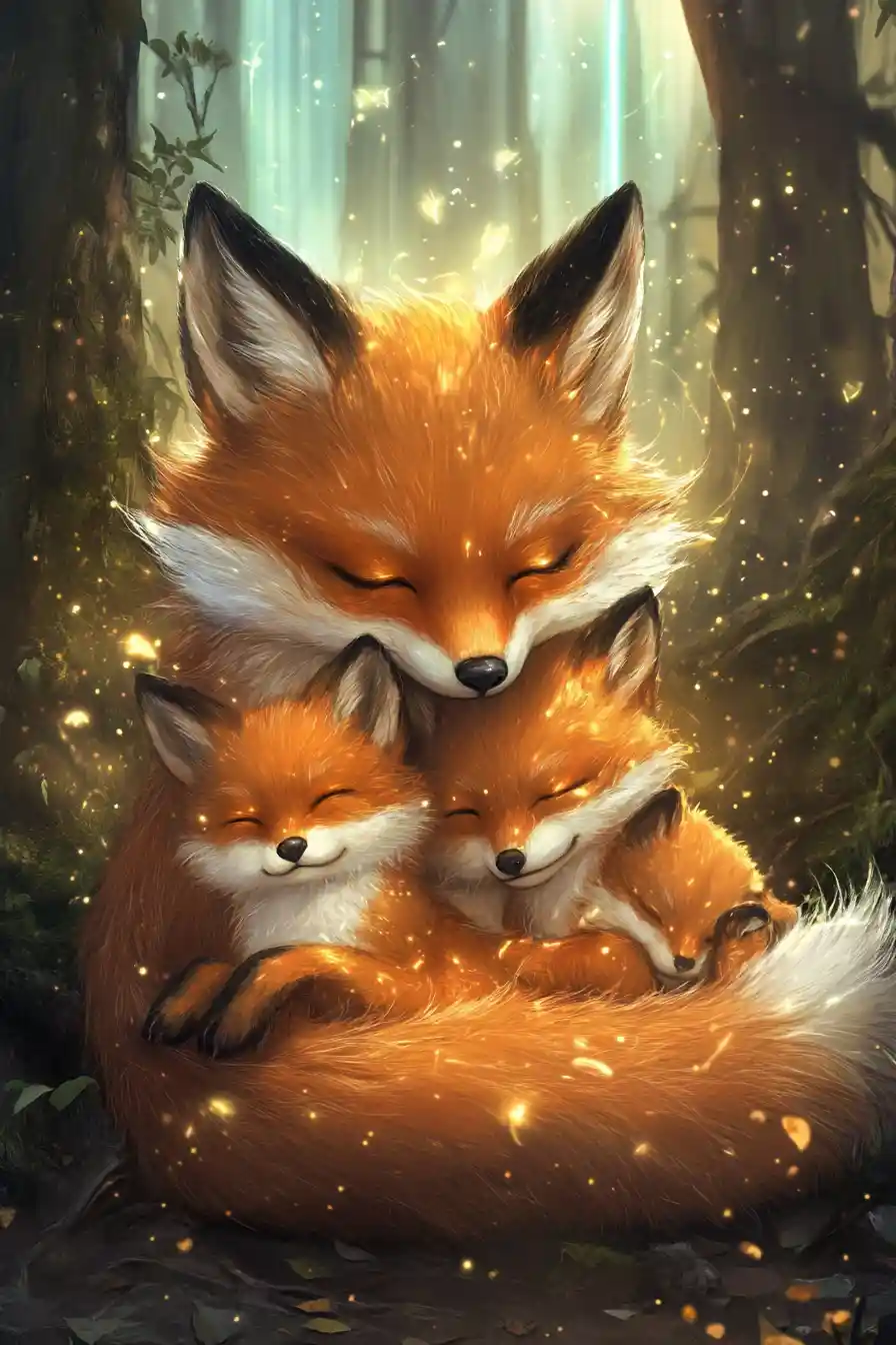 Ethereal Fox Family Embraced By Dreamlike Forest Light