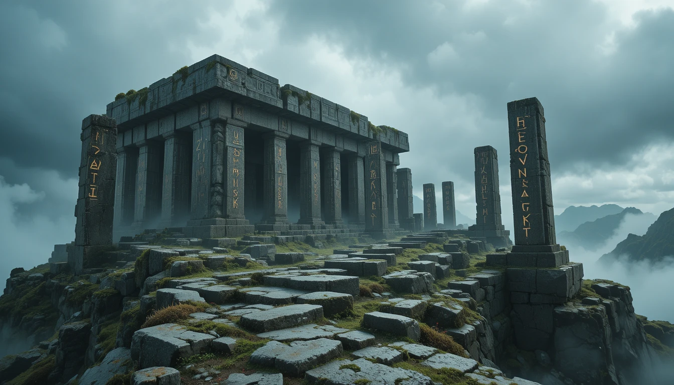 Ancien temple de montagne aux runes lumineuses sous un ciel orageux