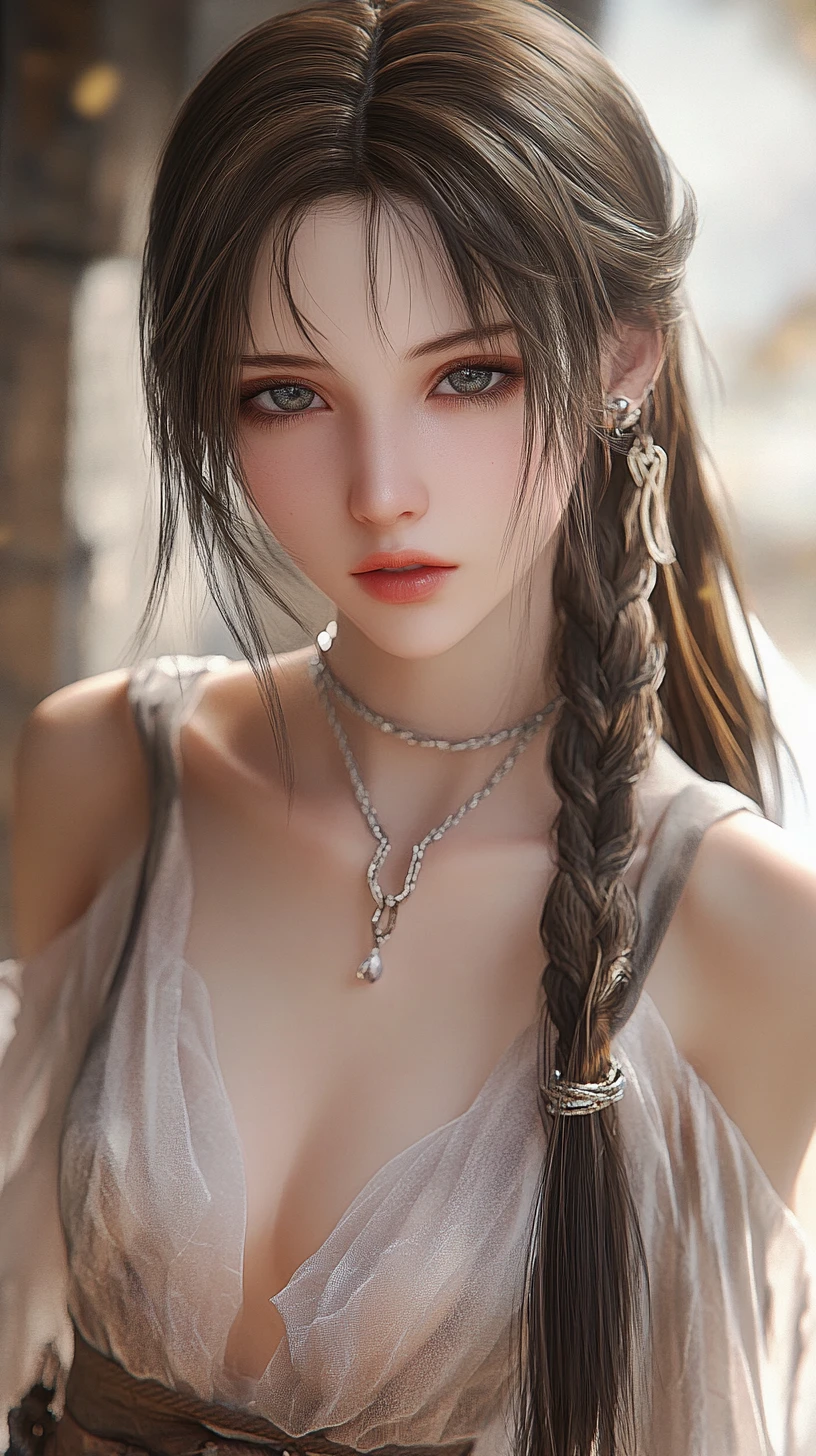 Cold anime woman portrait with jeweled chains and braid