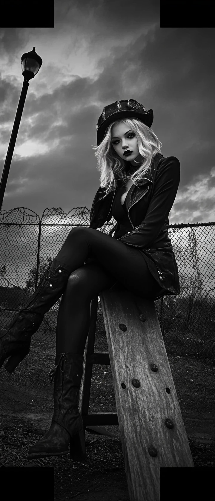 Steampunk woman on a playground seesaw under a lonely streetlight